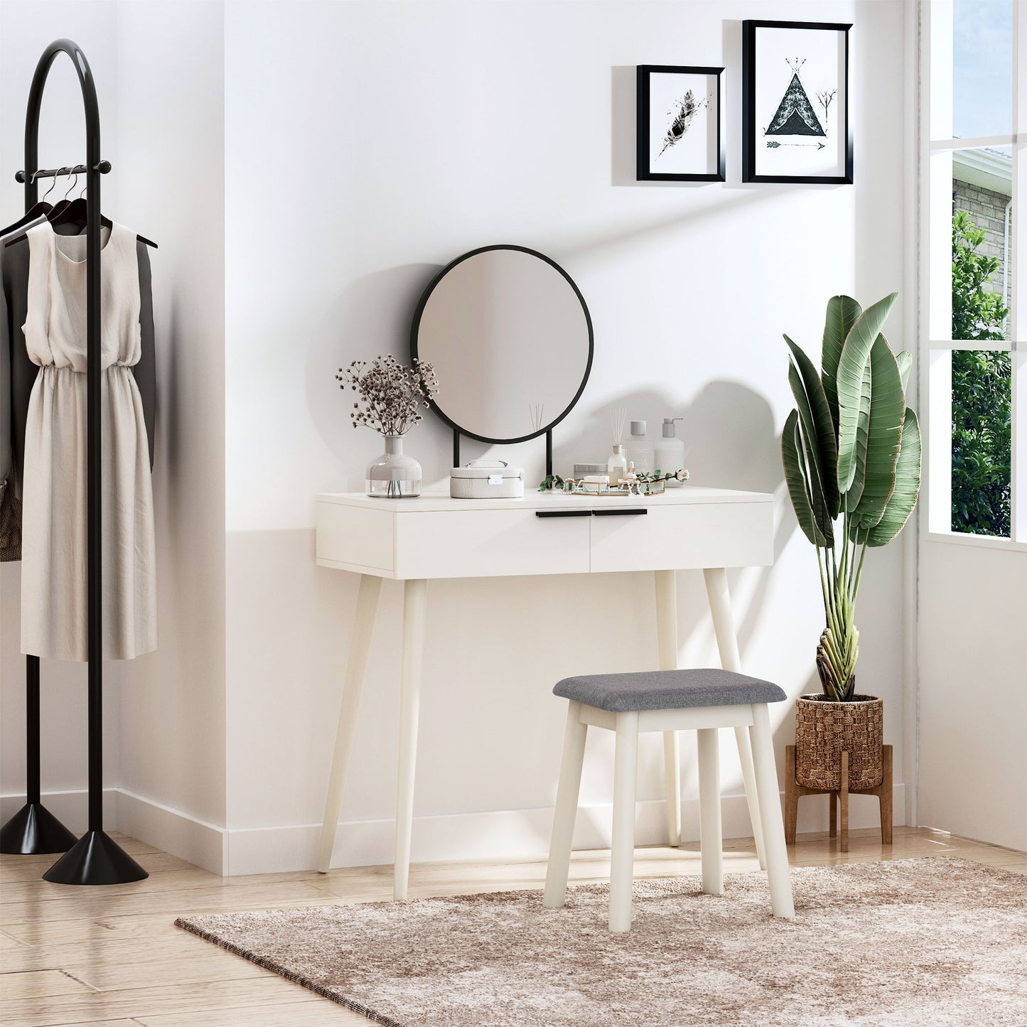 HOMCOM Dressing Table with Mirror and Stool, Vanity Makeup Desk Set with 2 Drawers, Cushioned Stool and Make-up Organiser for Bedroom and Dressing Room, 80 x 40 x 123 cm, White