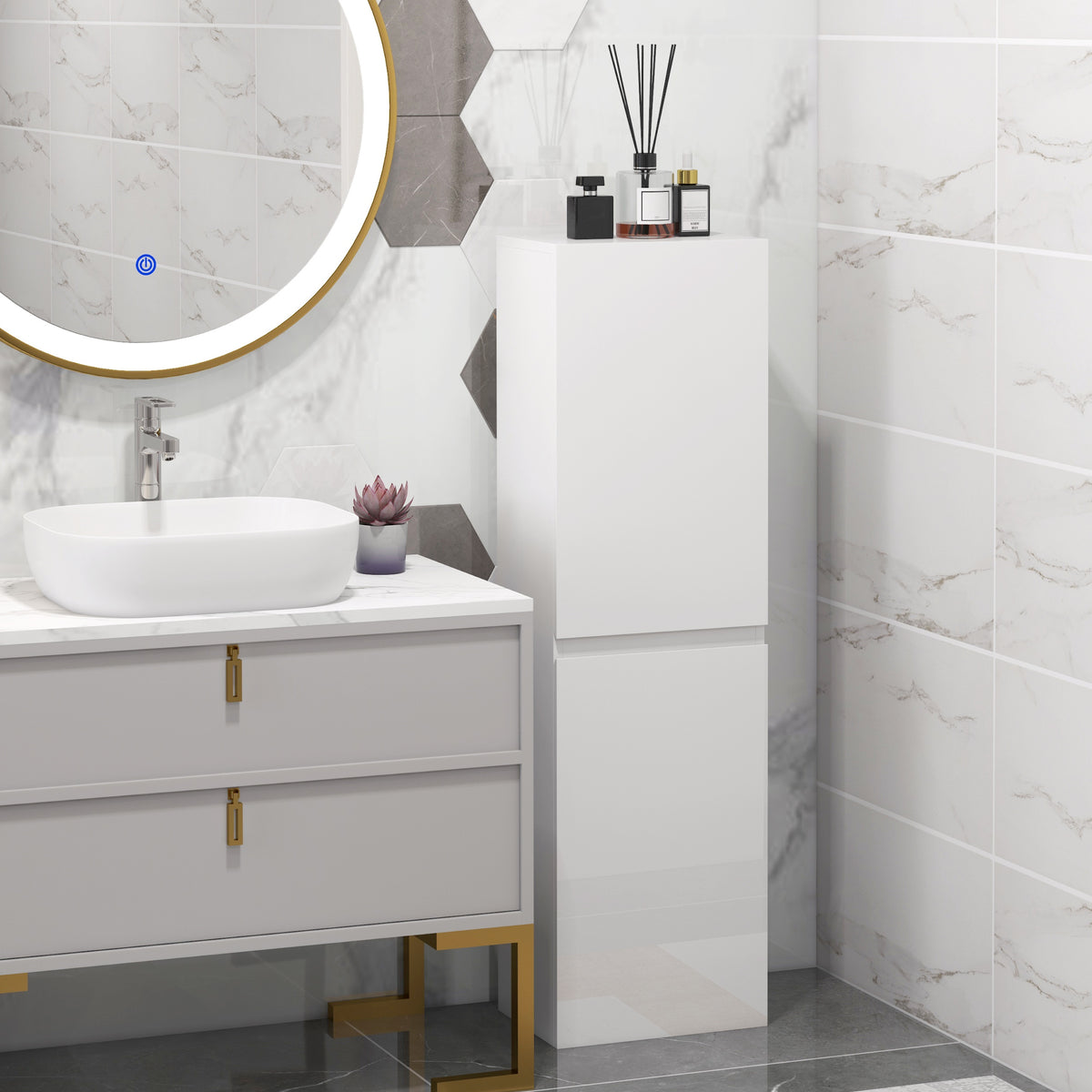 kleankin Bathroom Storage Unit, Tall Bathroom Cabinet with 2 Cupboards and Adjustable Shelves, White