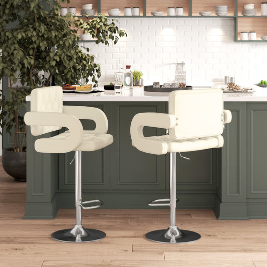 Upholstered Swivel Bar Stool, Set of 2 Height Adjustable Barstool with Back, Armrest, Footrest for Kitchen, White