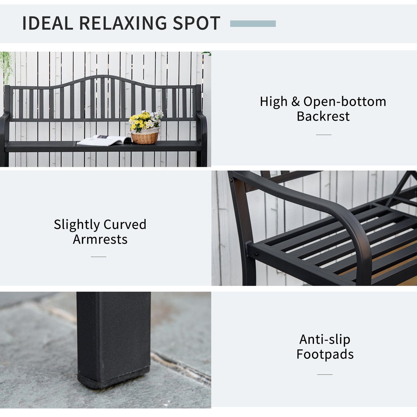 Outsunny Metal Outdoor Bench with Liftable Middle Table, Patio Loveseat, Garden Bench for Garden, Porch, Seats 2â€“3 People, Black