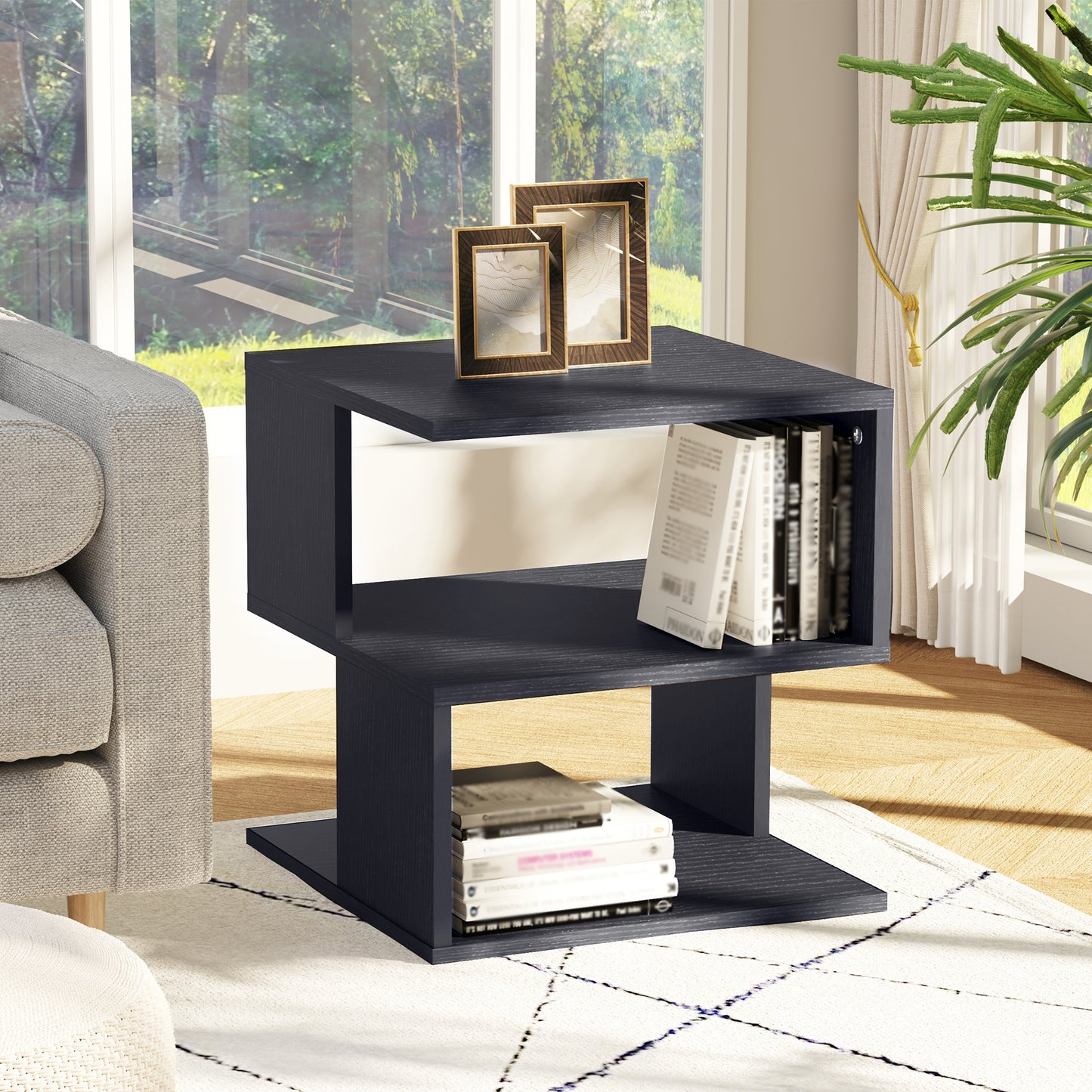 HOMCOM Set of 2 Side Table Square Coffee Table, Modern End Table with 2 Tier Storage Shelves for Living Room, Bedroom, Black