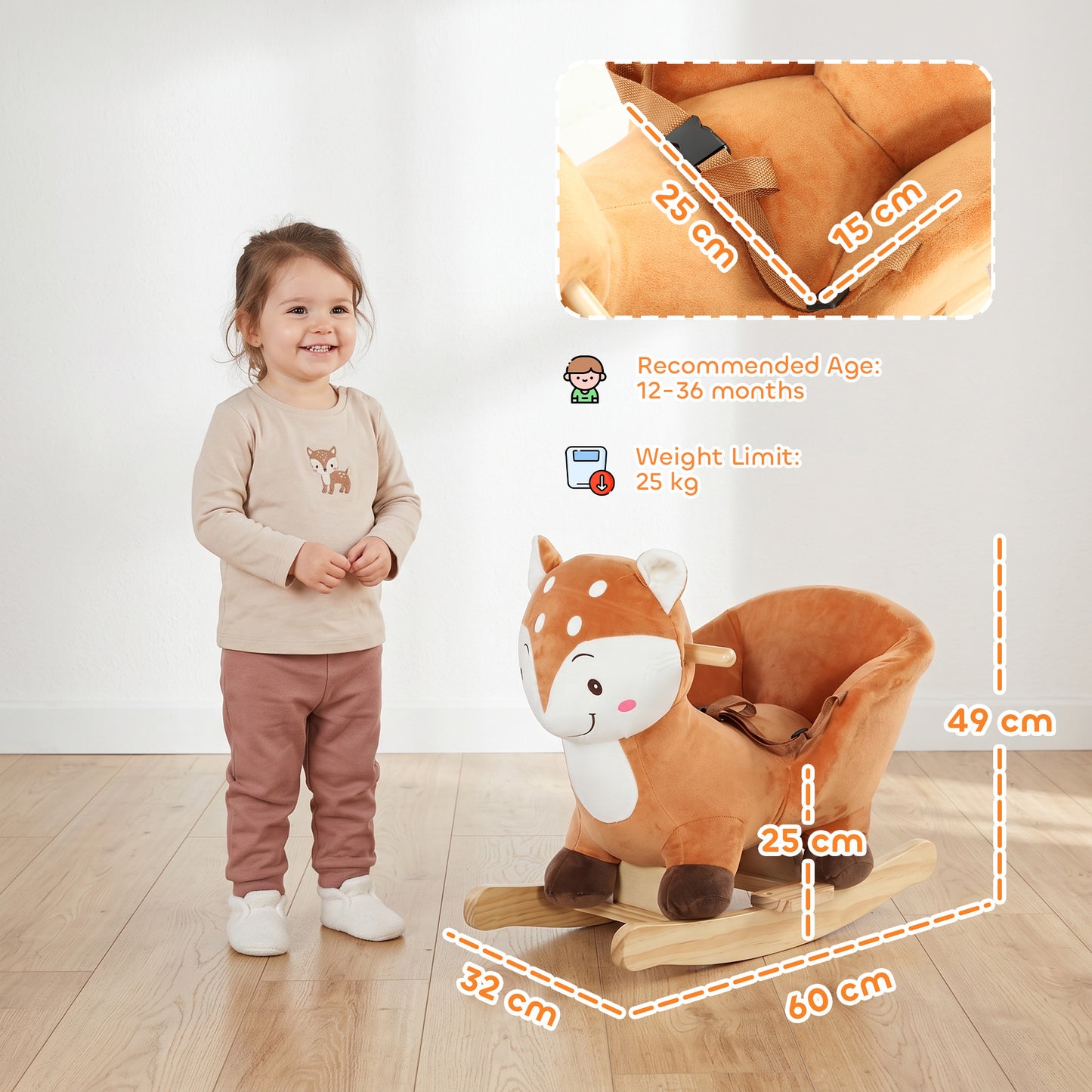 AIYAPLAY Rocking Horse, Ride on Horse Deer Design with Sounds, Security Belt, Rocking Stopper, for Toddlers 1-3 Years, Brown