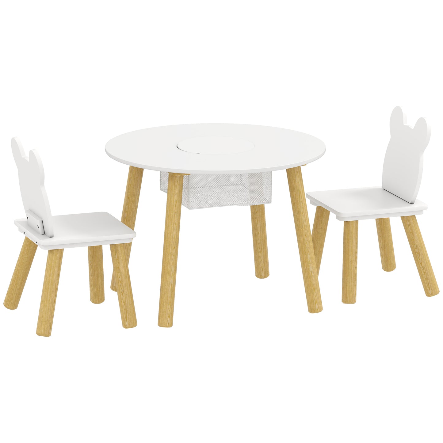 AIYAPLAY 3-Piece Kids Activity Table Set with Centre Mesh Bag, Bear-Shaped Backrest, for Arts and Crafts, Reading, White Default Title