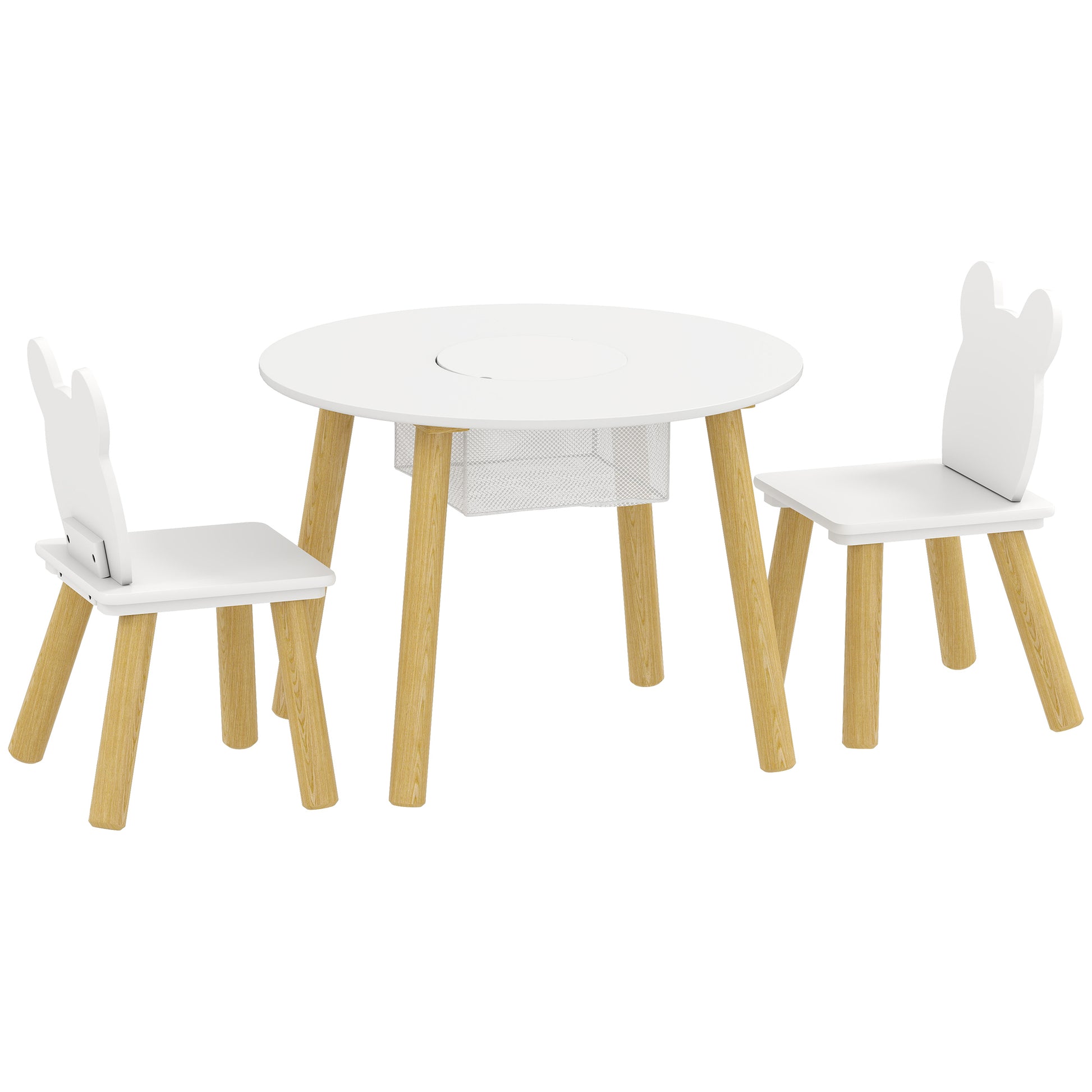 AIYAPLAY 3-Piece Kids Activity Table Set with Centre Mesh Bag, Bear-Shaped Backrest, for Arts and Crafts, Reading, White Default Title