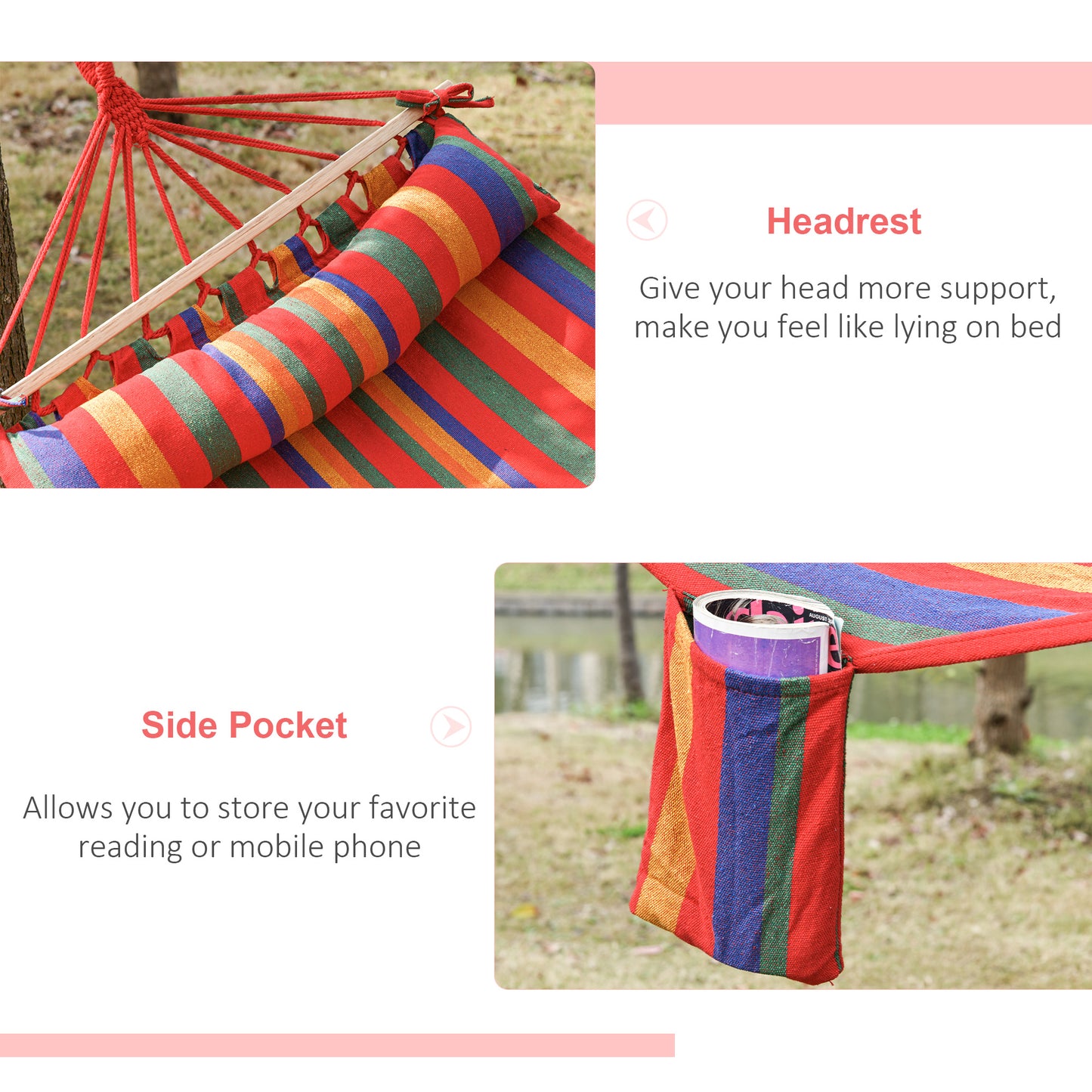 Outsunny Cotton Hammock Soft Portable Swing Sleeping w/ Headrest & Side Pocket Deluxe Swing Chair for Beach, Yard, Bedroom, Patio, Porch, Indoor, Outdoorï¼Œ270 x 80 cm