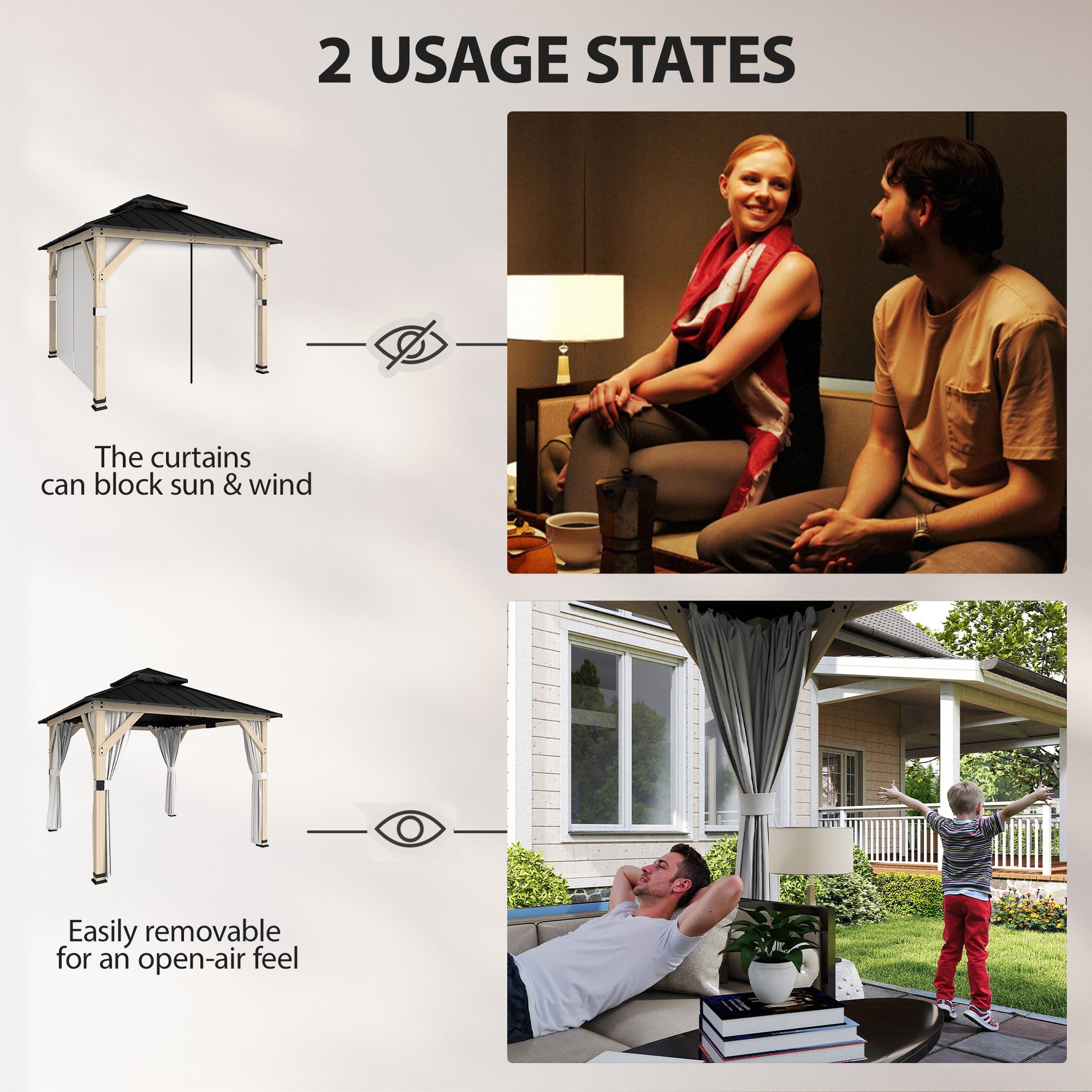 Outsunny 3 x 3 m Outdoor Hardtop Gazebo Canopy with 2-Tier Steel Roof, Wood Garden Gazebo with Curtains, Light Grey