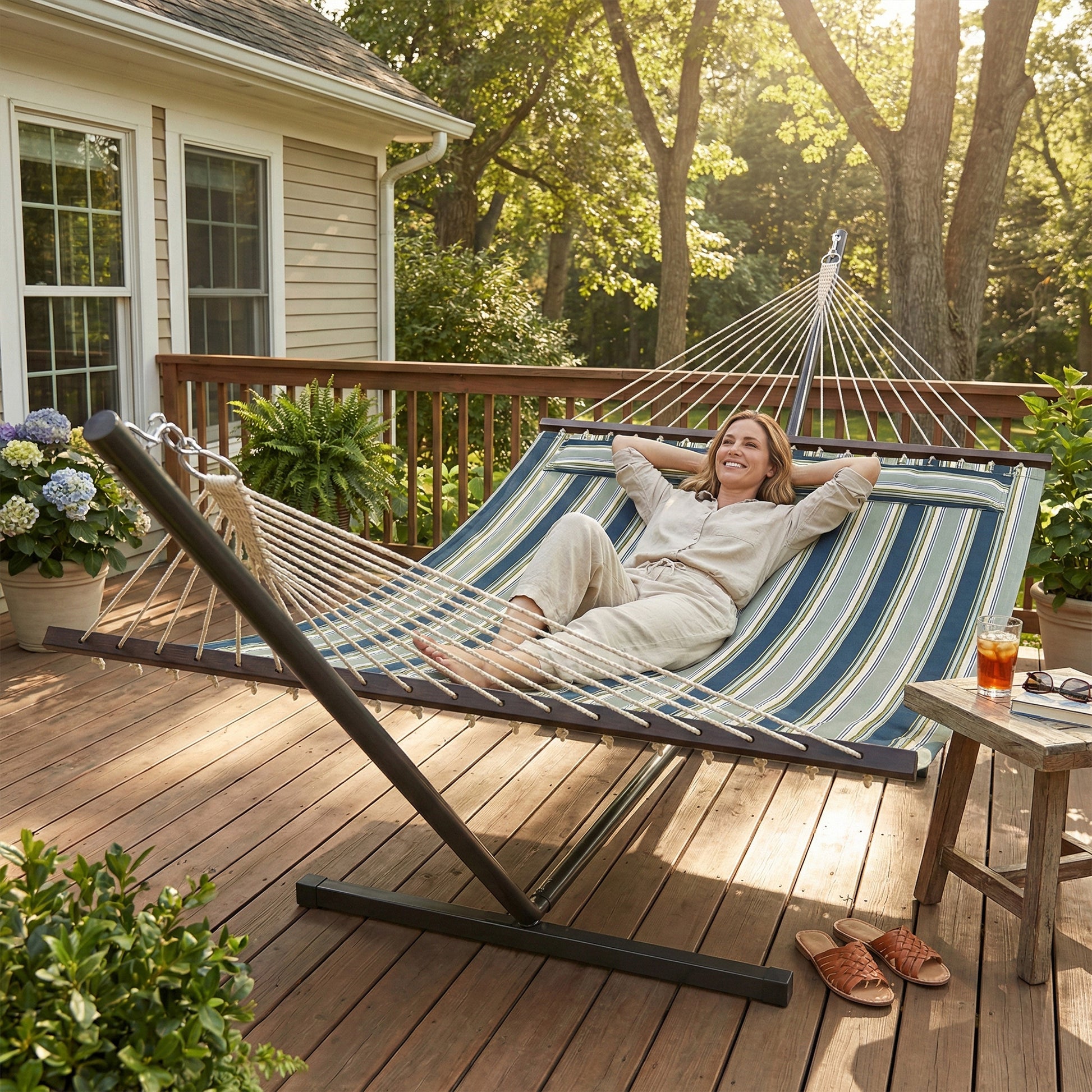 Outsunny Outdoor Hammock with Stand Detachable Pillow Striped Swing Steel Frame, for Garden, Patio, Green