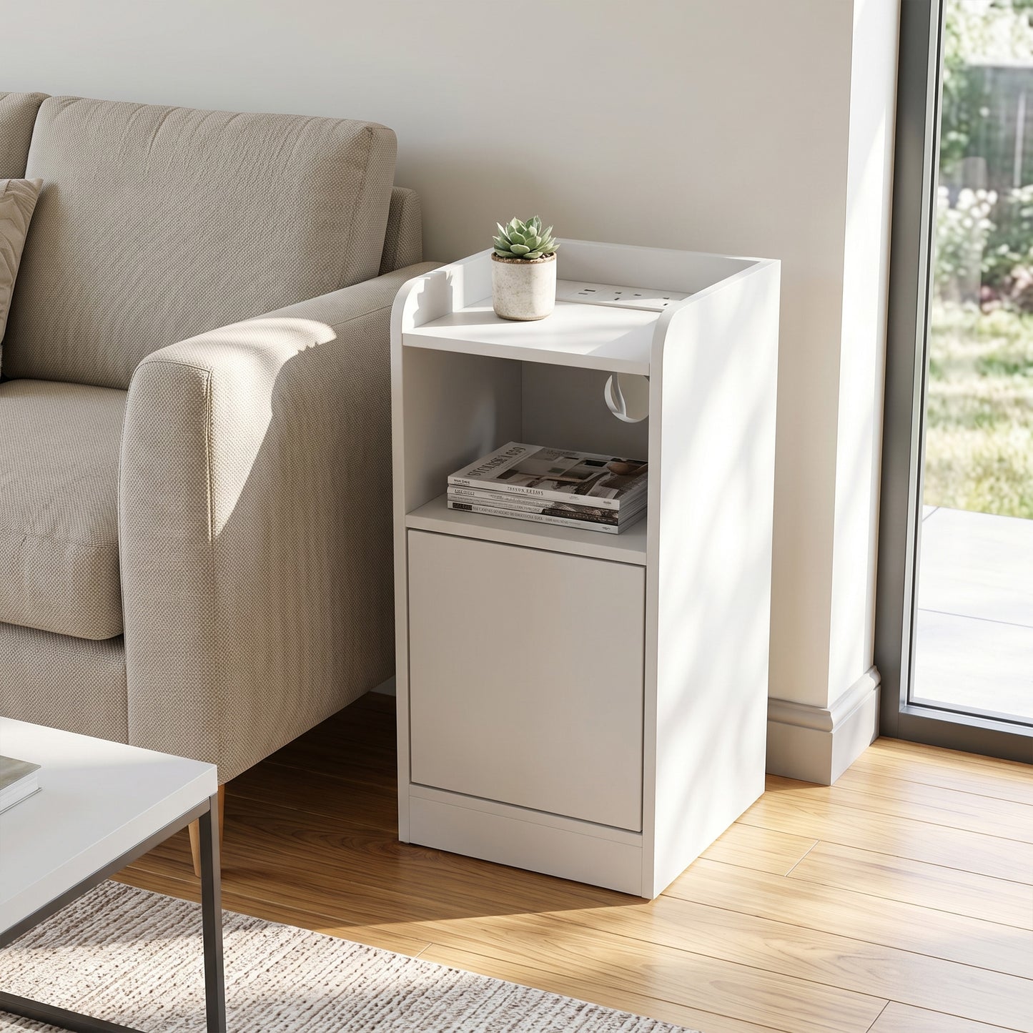 HOMCOM Slim Bedside Table Set of 2 with Charging Station, Narrow Bedside Cabinet with Adjustable Shelf, White