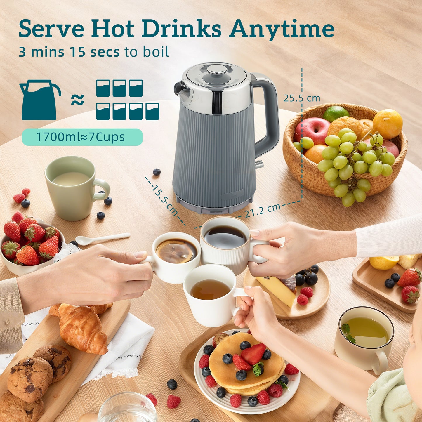 HOMCOM Electric Stainless Steel Kettle and Toaster Set, 3000W 1.7L UK Strix Thermostat Fast Boil Kettle w/ Limescale Filter, Cool Touch Body, 4 Slice Toaster with 7 Browning Levels, Crumb Tray, Grey