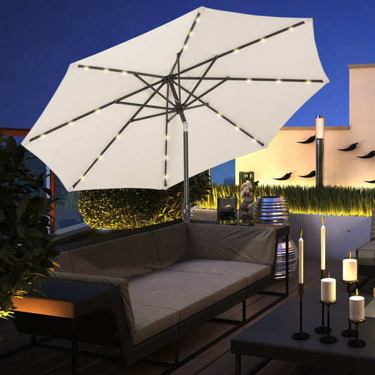 Outsunny Î¦2.7m Garden 24 LED Light Parasol Solar Outdoor Tilt Sun Umbrella Patio Club Party Event Manual Sun Shade w/ Hand Crank and 8 Ribs, Off-white