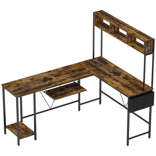 HOMCOM 160cm Reversible L Shaped Desk with Power Outlet, Industrial Corner Desk with Storage Shelves and Keyboard Tray, 240cm Long Computer Desk for 2 Person, Rustic Brown