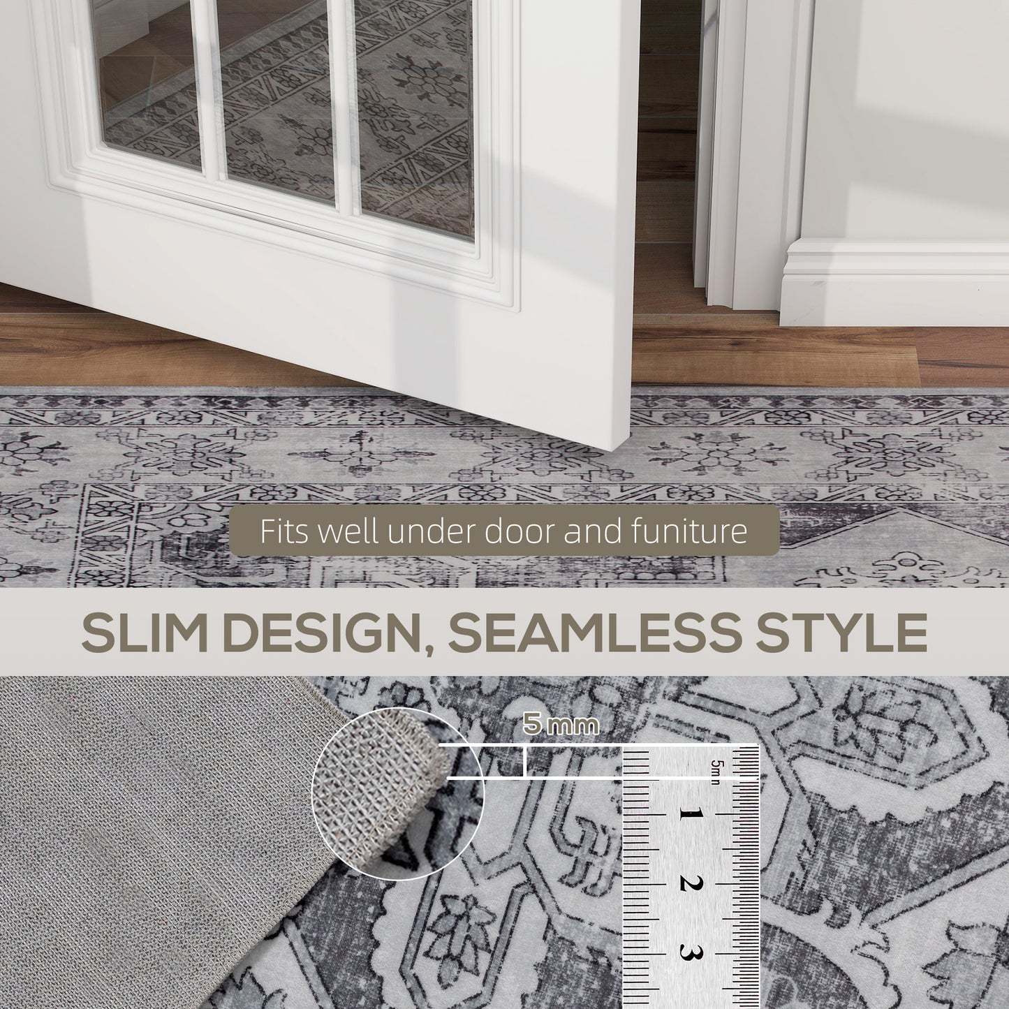 HOMCOM Vintage Area Rug, Non-Slip Washable Rug, Flannel Floor Carpet for Living Room, Bedroom, Dining Room, Home Office, 230 x 160 cm, Grey