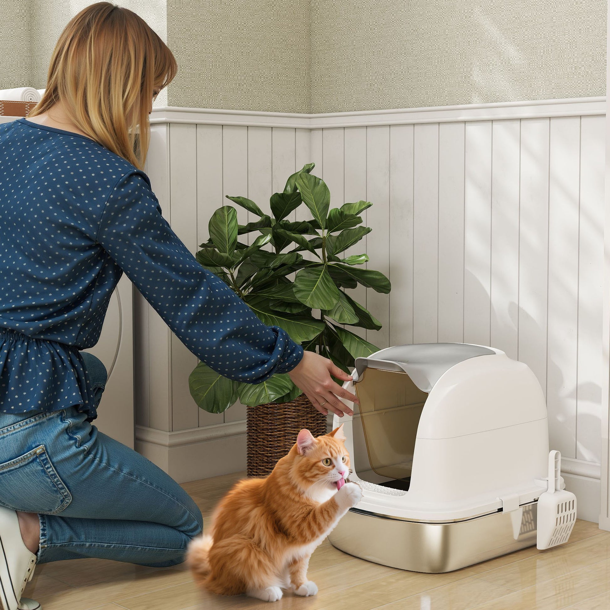 PawHut Stainless Steel Cat Litter Box with Lid, for Cats, Enclosed Cat Litter Box with Flip Cover, Scoop