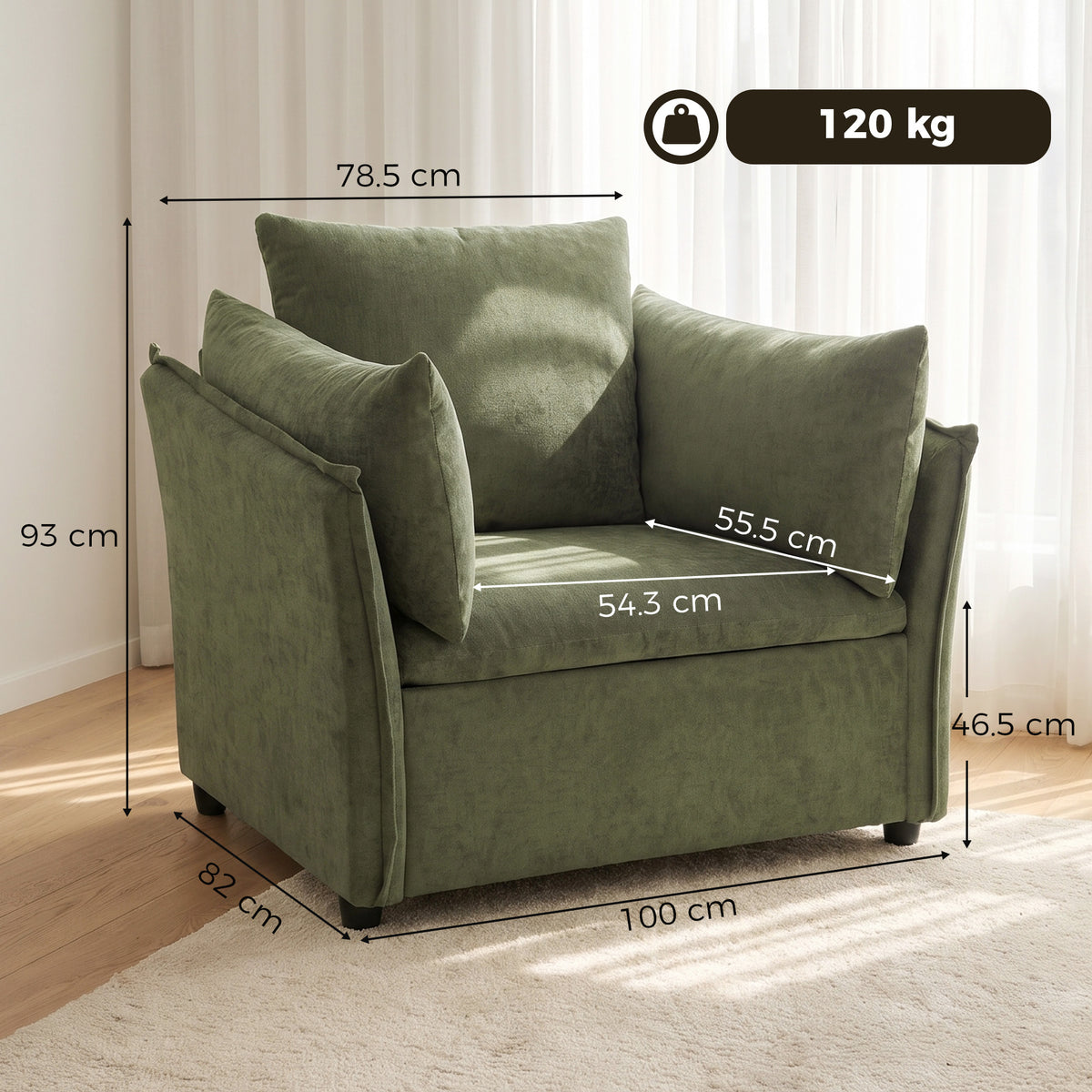 HOMCOM Modern Lounge Chair, Chenille Accent Chair w/ Armrest  Pillow, Thick Cushion, Deep Seat & Padded High Back, Light Green
