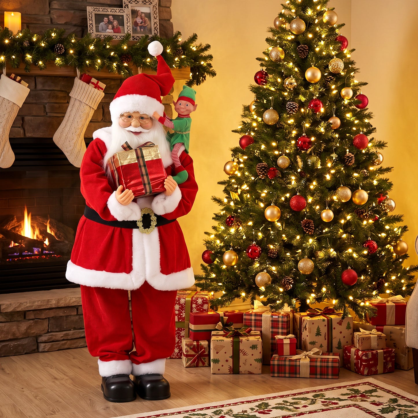 HOMCOM 4ft Singing Dancing Santa Claus, Standing Christmas Animated Santa Figure with Elf, Gift Box, Sound/Touch Activated