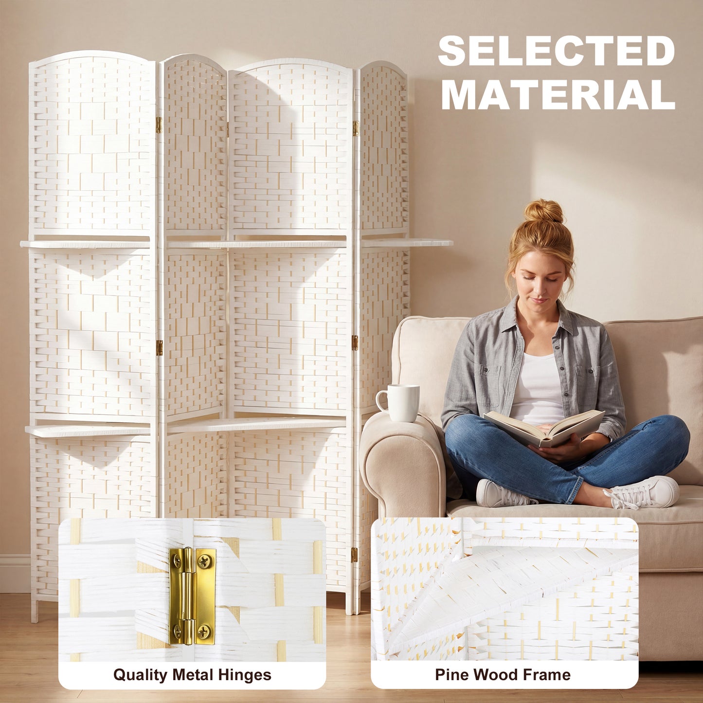 HOMCOM Freestanding Privacy Screen, 4 Panel Folding Room Divider for Living Room, Bedroom and Office, 160 x 170cm, White