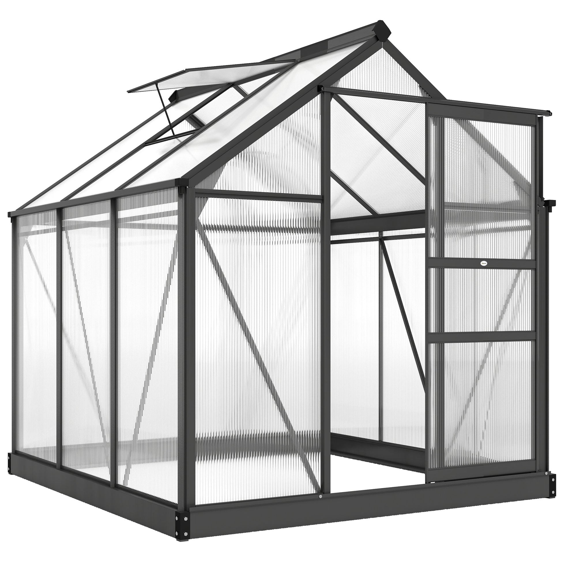 Outsunny 6 x 6ft Polycarbonate Greenhouse, Large Walk in Green House with Slide Door and Window, Garden Plants Grow House with Aluminium Frame and Foundation, Grey