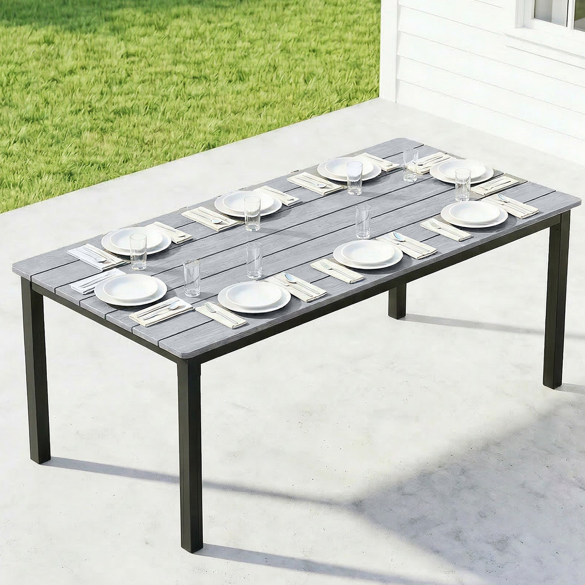 Outsunny Garden Dining Table for 6-8 Person, 180 x 86 cm Rectangular Outdoor Dining Table with Wood Slatted Top, Grey