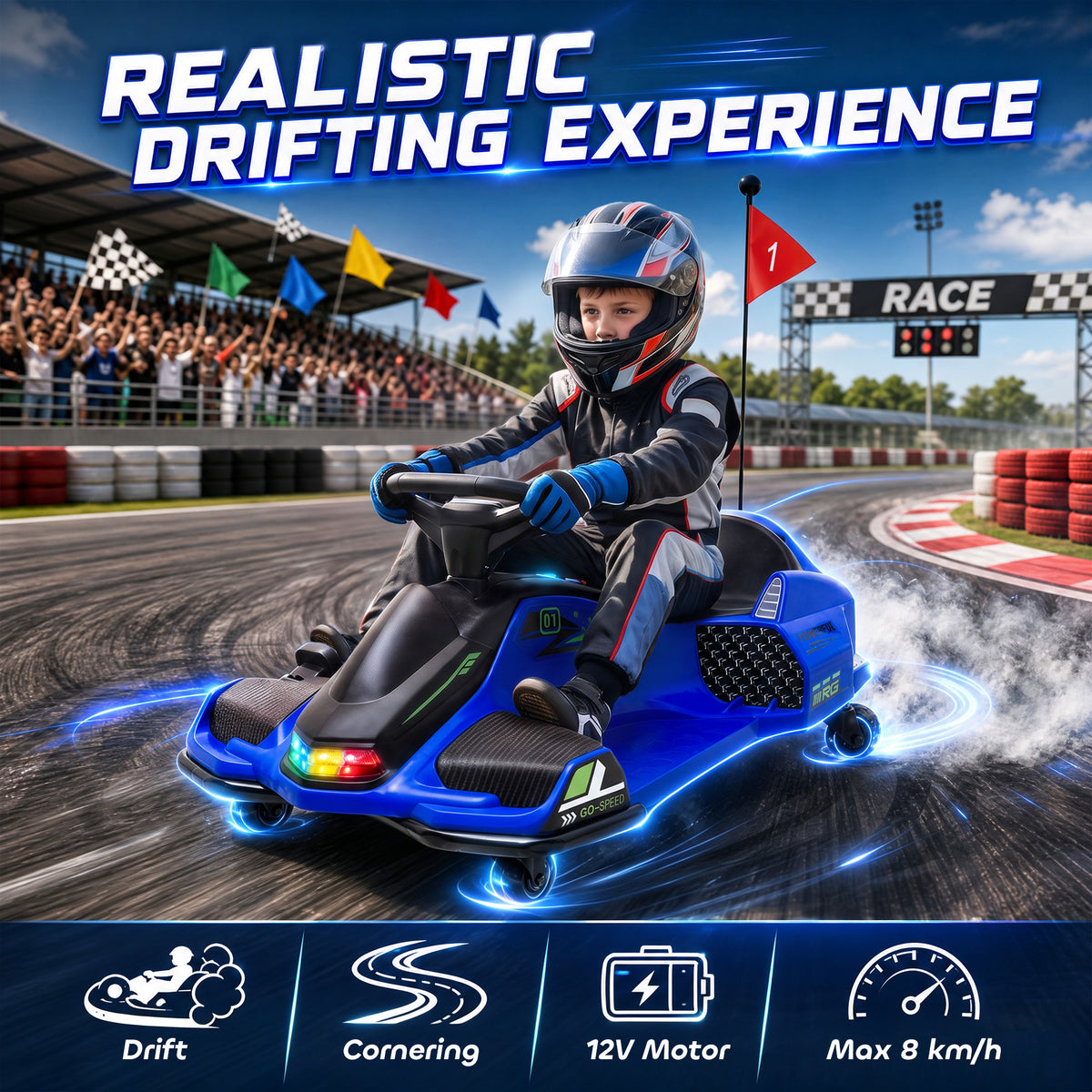 HOMCOM 12V Kids Electric Go Kart, Ride on Drift Car with 2 Speeds, Soft Start, Music, Colourful LED Lights for Ages 8-12, Blue