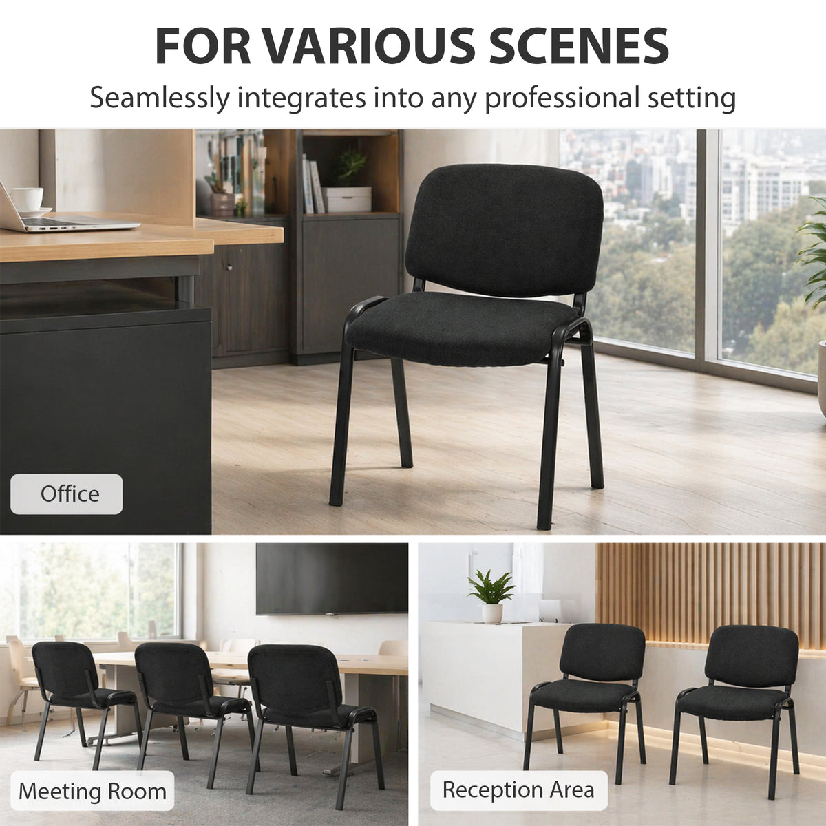 HOMCOM Linen-Look Fabric Reception Chairs, Stackable Meeting Chairs Set of 2 with Backrest, Padded Seat for Office, Black