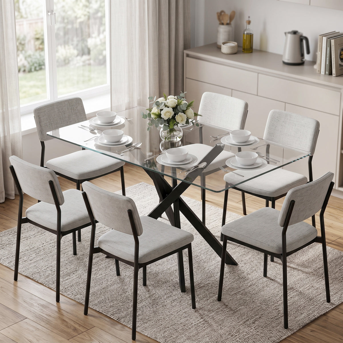 HOMCOM Rectangular Dining Table for 6 People, 120cm Modern Kitchen Table with Tempered Glass Top and Cross Steel Legs, Clear