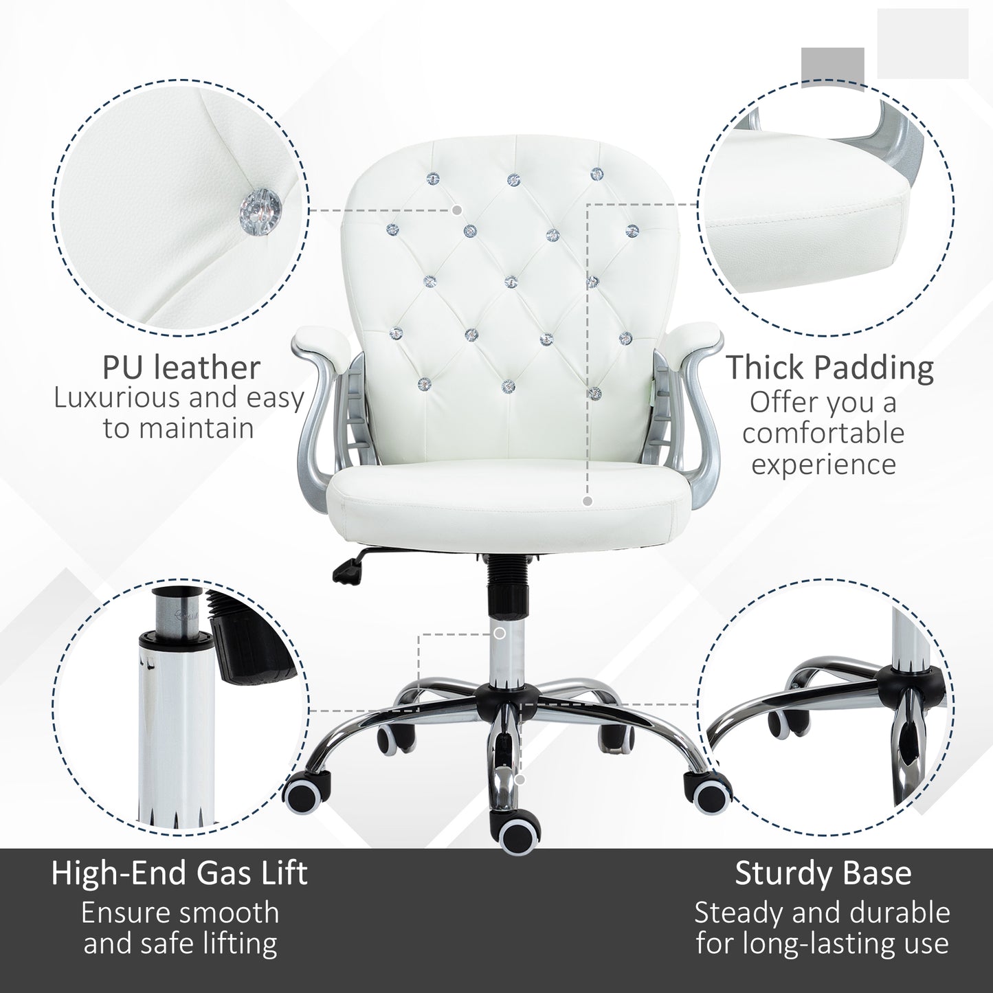 Vinsetto Office Chair Ergonomic 360° Swivel PU Diamante Padded Base 5 Castor Wheels for Home Work White