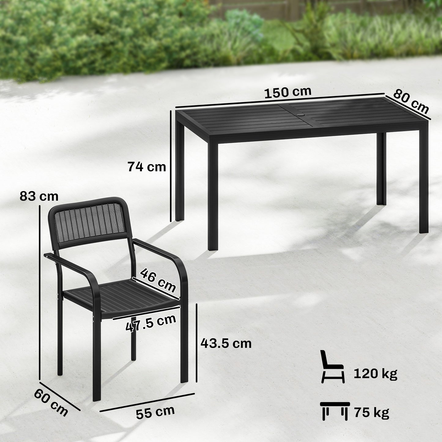 Outsunny Garden Dining Set for 6, Faux Wood Metal Outdoor Table and Stackable Chairs with Plastic Rattan Effect Seat, Black