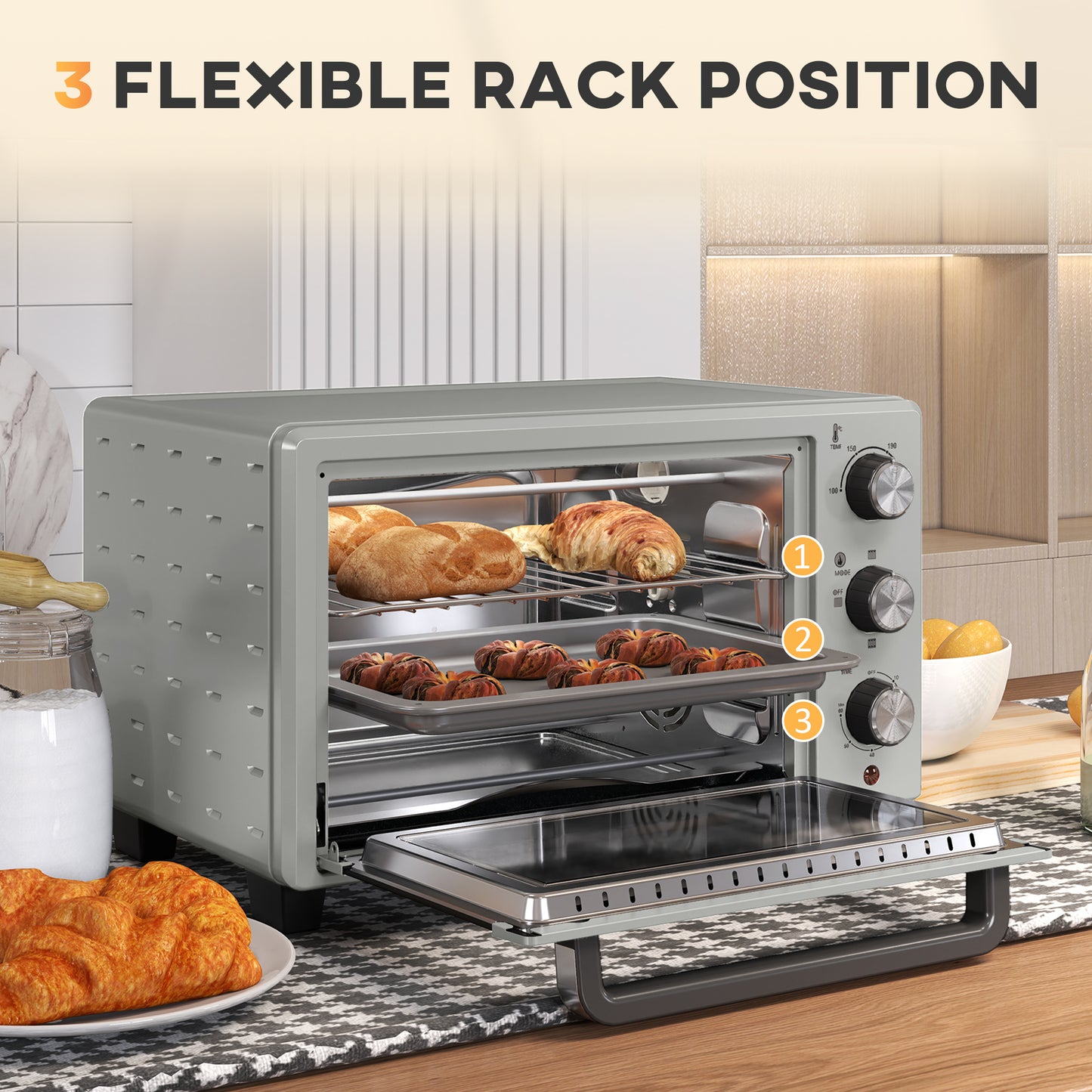 HOMCOM 21L Mini Countertop Oven, 100Â°C-230Â°C Adjustable Temp - Silver Tone