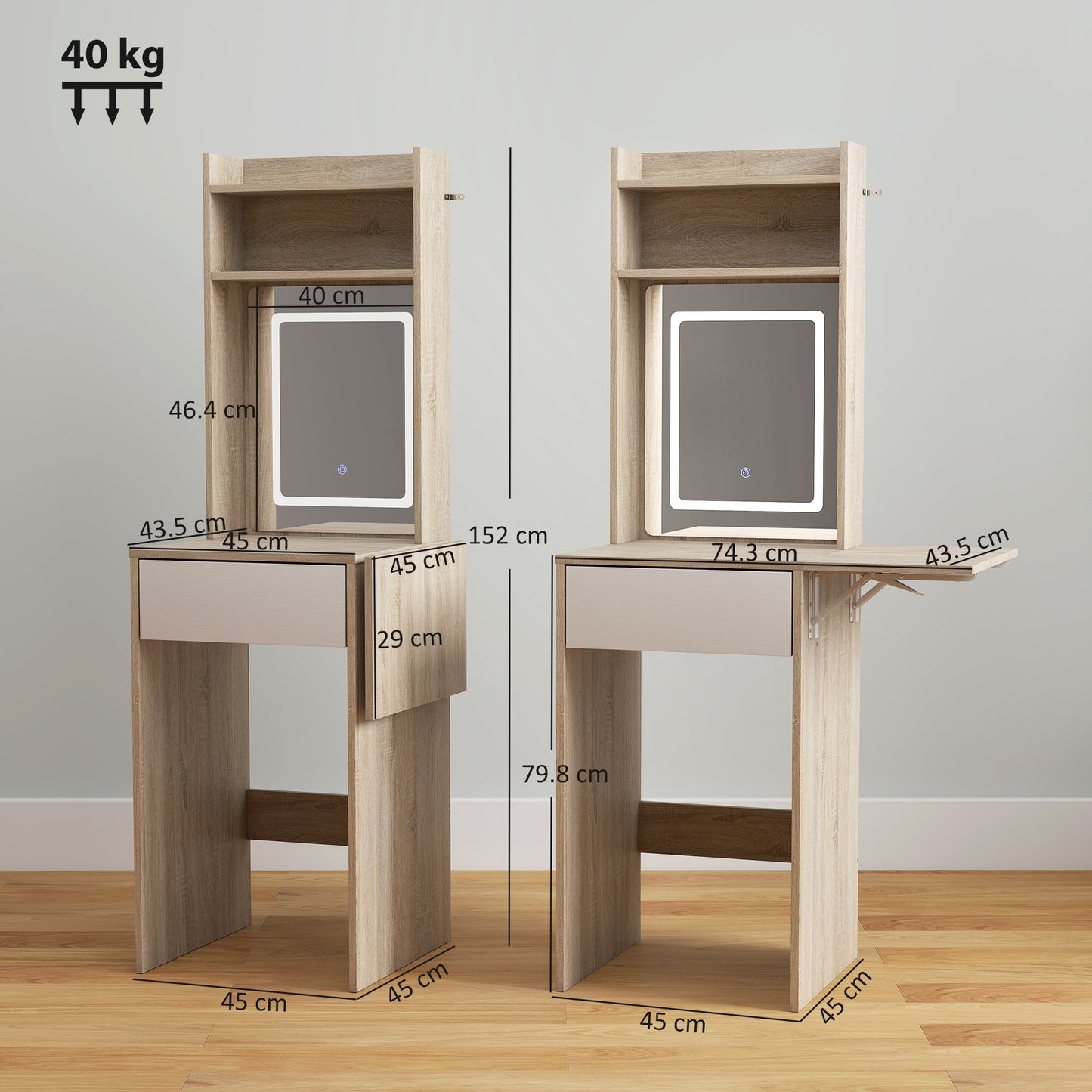 HOMCOM Small Vanity Desk with Mirror and LED Lights, Compact Dressing Table with Drop Leaf, Open Shelves, Natural Wood