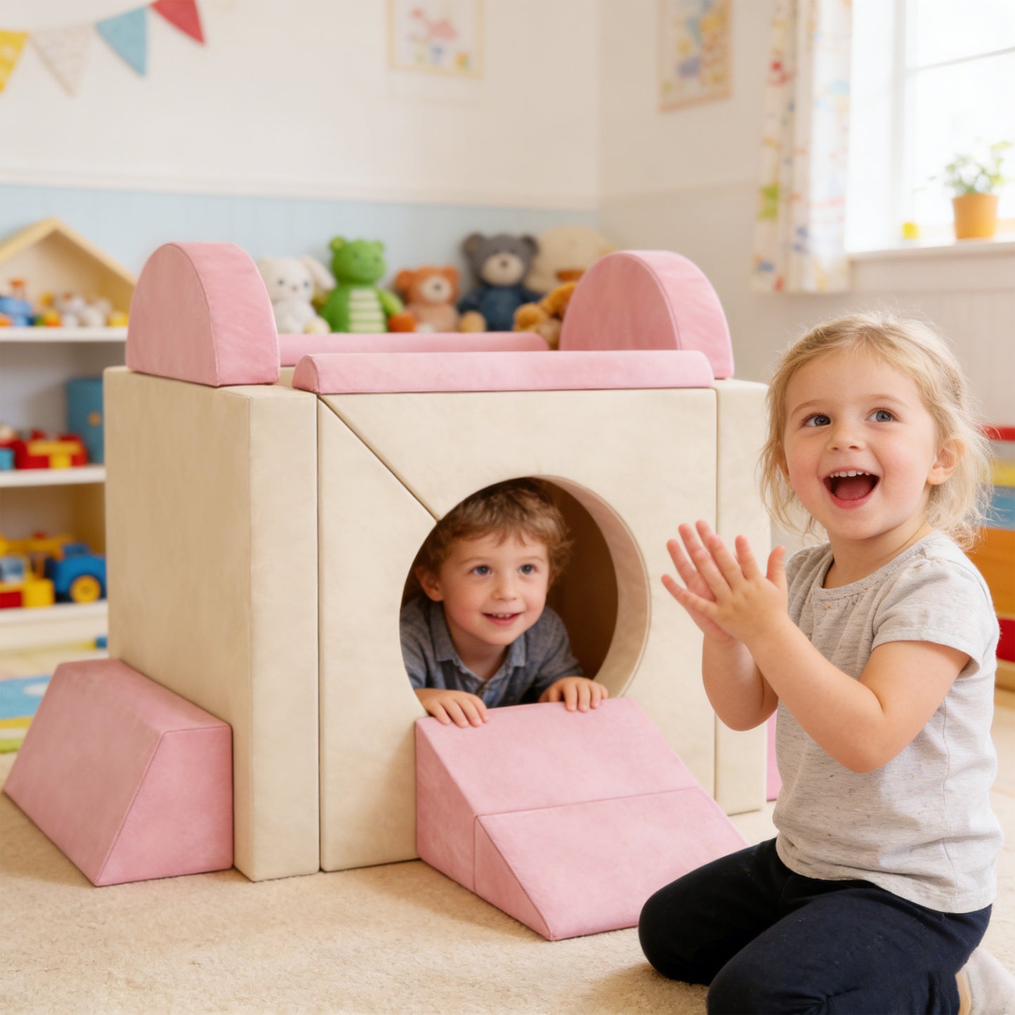 AIYAPLAY Kids Play Sofa, 12 Pieces Foam Modular Soft Play Set for Playroom, Children Convertible Sofa for Boys and Girls, Pink