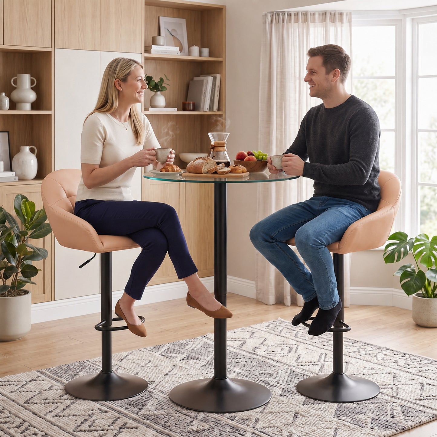 HOMCOM Bar Stools Adjustable Heights Breakfast Bar Stools Backrest Armrests Set of 2, Brown