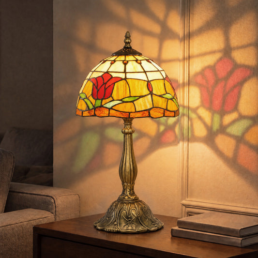 HOMCOM Tiffany Stained Glass Table Lamp, Handcrafted Artisan Lamp, Red, Ã˜25 x 45H cm, Zinc Alloy