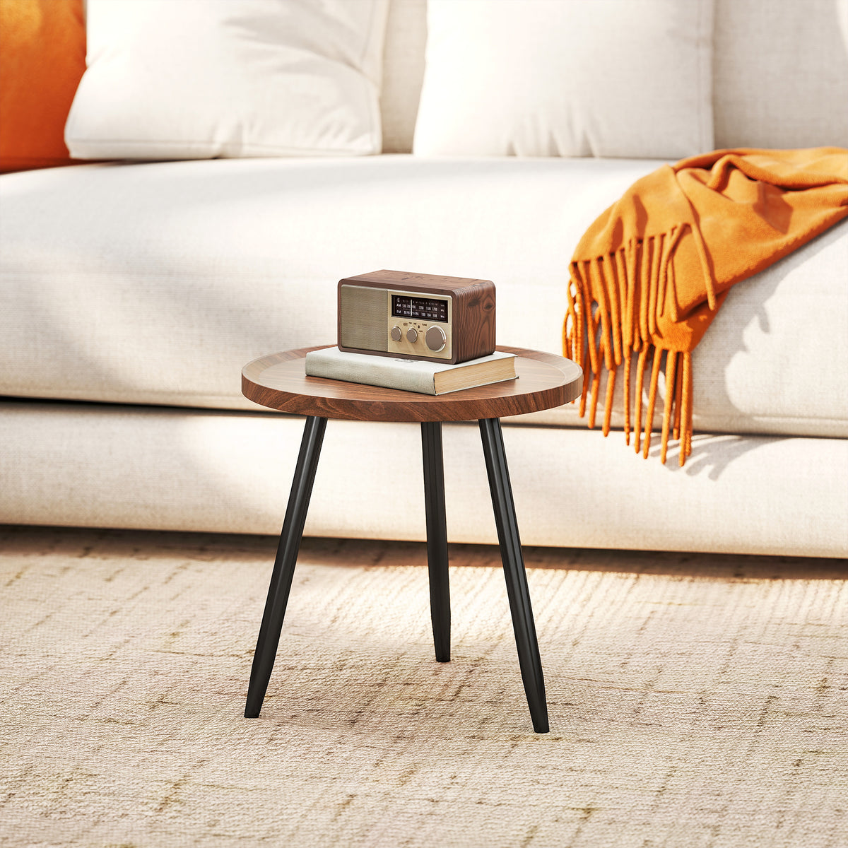 HOMCOM Modern Round Coffee Table with Steel Frame for Small Space, Sofa Beside, Living Room, Chestnut Wood Effect