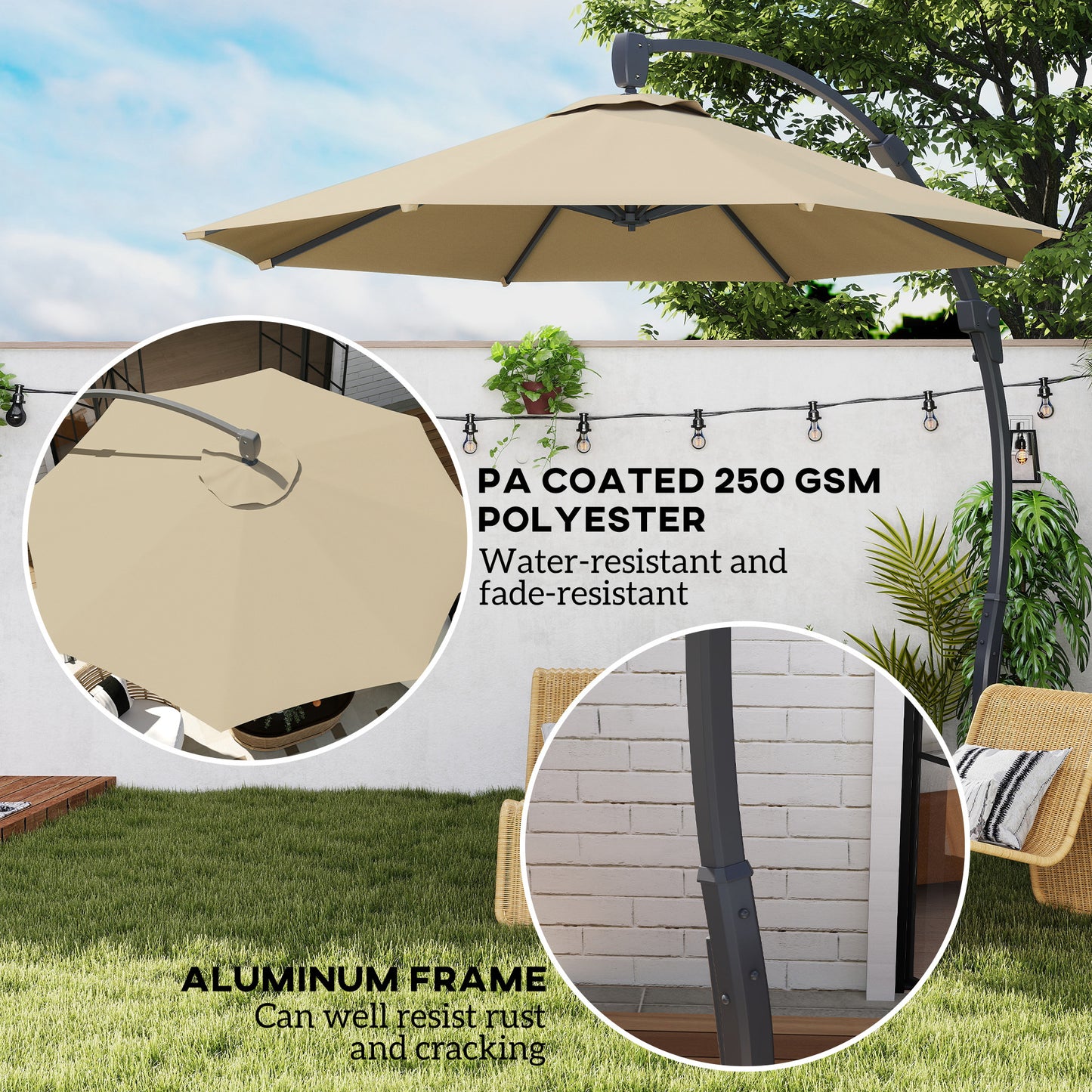 Outsunny 3(m) Garden Cantilever Parasol, Round Overhanging Umbrella with Crank Handle, Cross Base, Aluminium Frame and 360Â° Rotation, Banana Patio Umbrella for Outdoor Sun Shade, Khaki