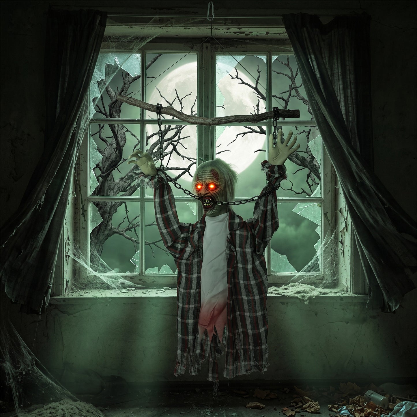 HOMCOM 110cm Screaming Animated Hanging Halloween Decoration, Sound Touch Activated Zombie Decor with Glowing Red Eyes