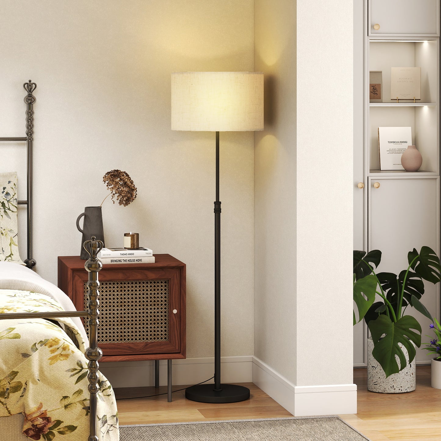 HOMCOM Floor Lamp with Remote, Height Adjustable Standing Lamp with Linen Shade, Dimmable with 3000K-6000K Adjustable Colour Temperatures, Foot Switch for Living Room Bedroom Office, Black