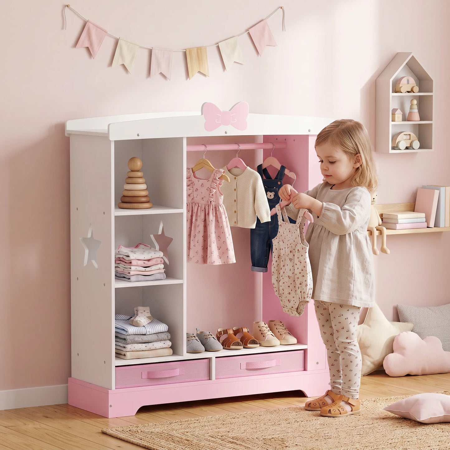AIYAPLAY Kids Wardrobe with Lighted Mirror, Clothes Rail, Jewelry Cabinet, Shelves, Storage Boxes for Bedroom, Nursery, Pink