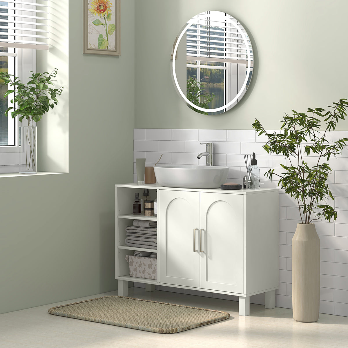 HOMCOM Under Sink Cabinet, Bathroom Sink Cabinet with U-Shaped Cutout, Two-Level Cupboard, Adjustable Shelf for Basin, Cream