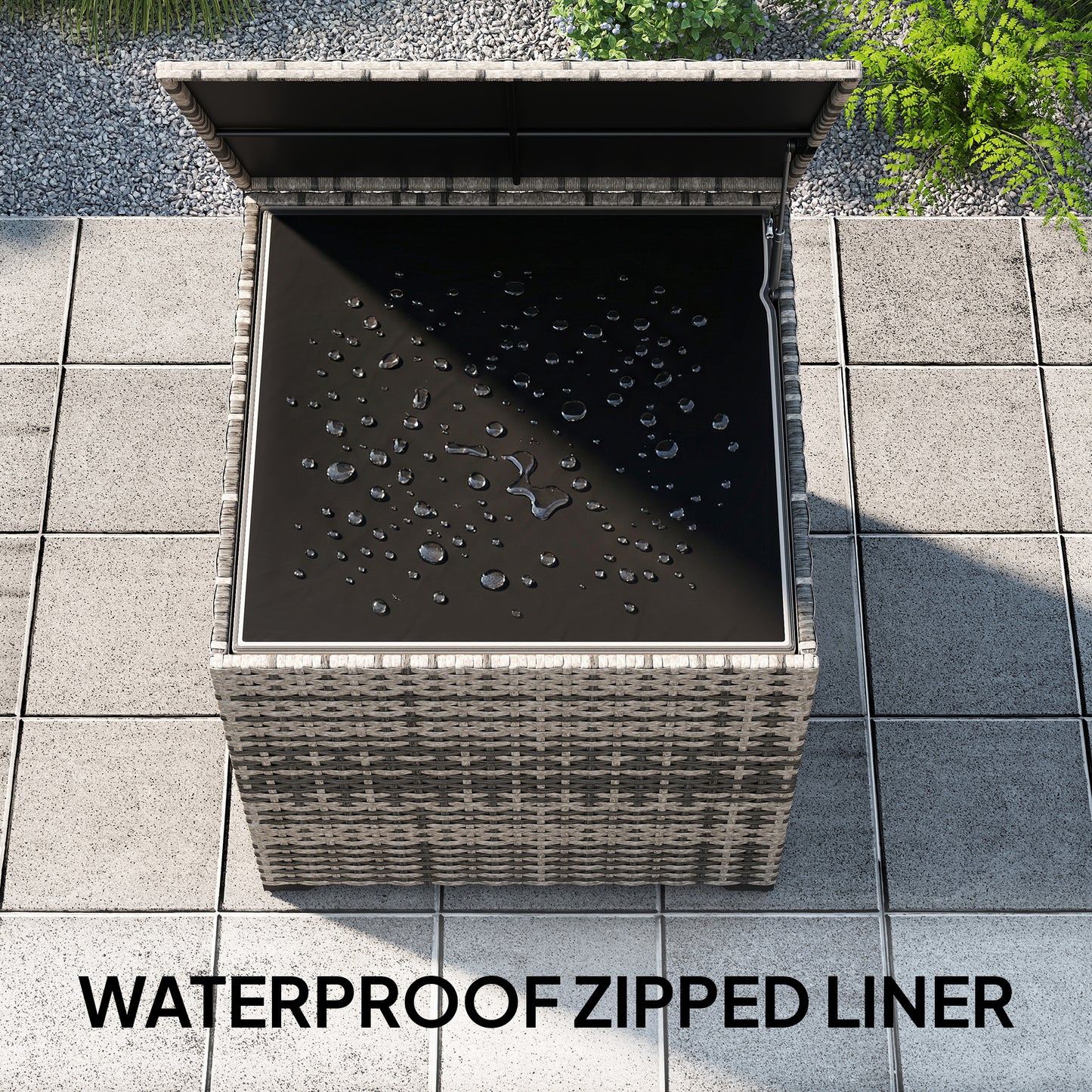 Outsunny 253L Garden Storage Box, Rattan Deck Box with Zipped Liner, Safe Pneumatic Rod, Patio Storage Container, Mixed Grey