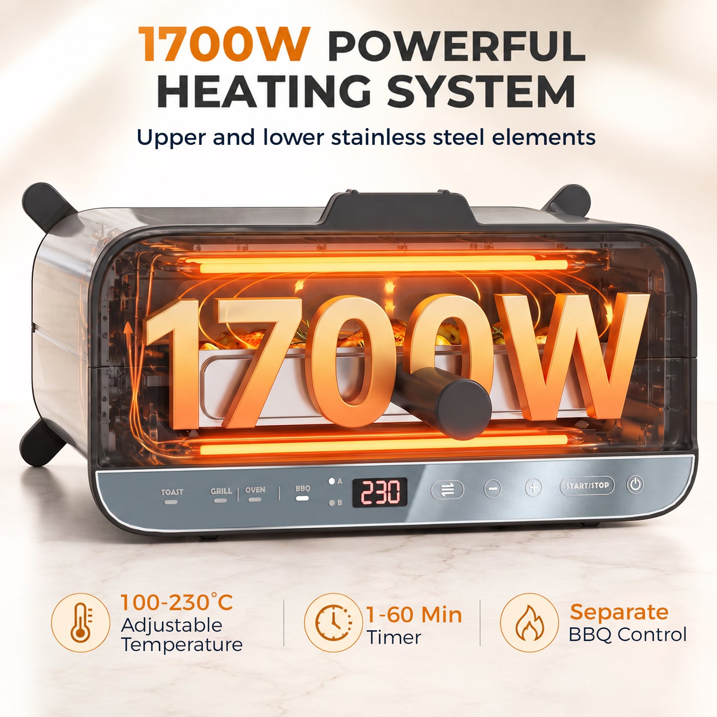 HOMCOM 3-in-1 Electric Mini Oven, Long Slot Toaster and Tabletop Grill, with LED Display, 60 Min Timer, Stainless Steel, 1700W