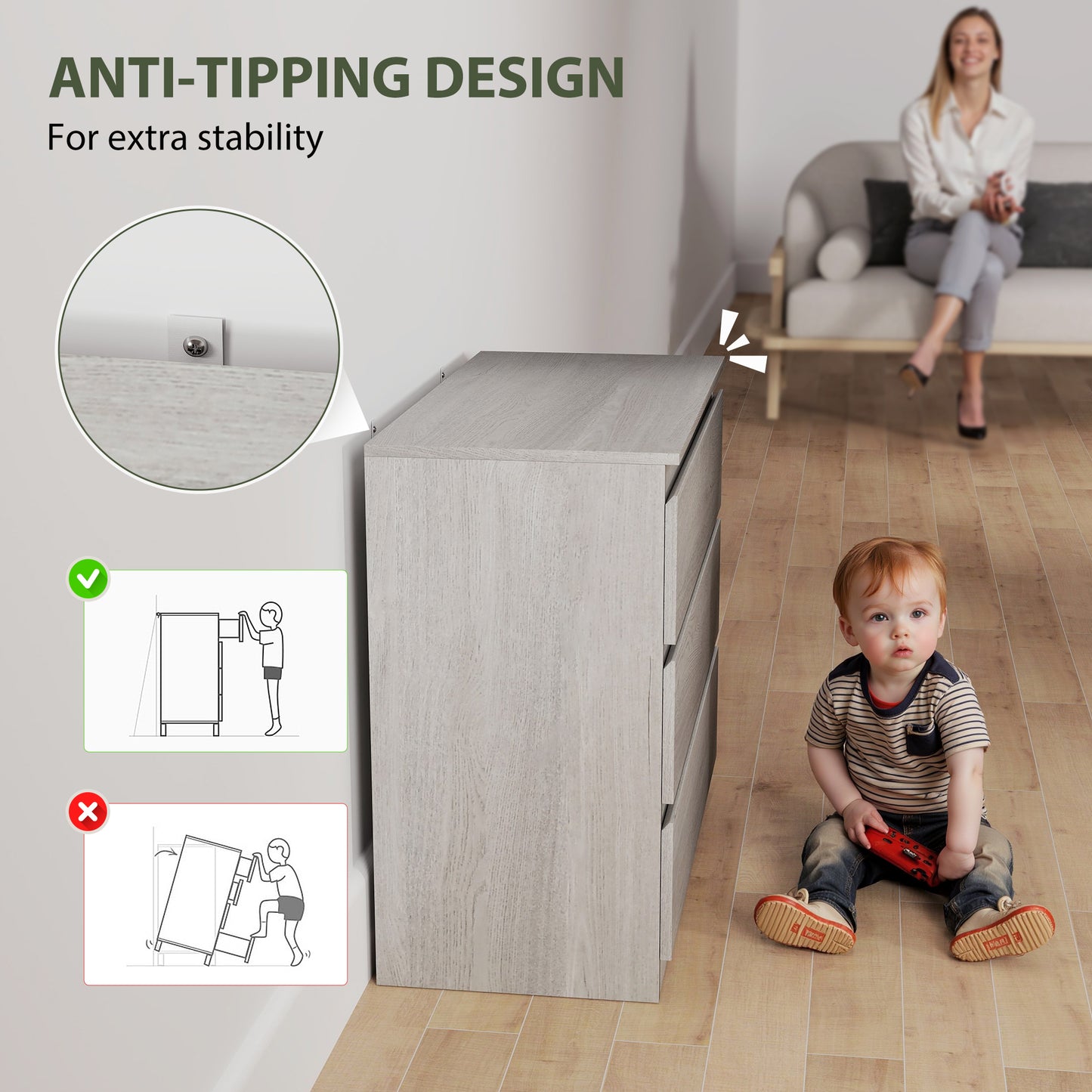 HOMCOM Chest of Three Drawers - Grey Wood Effect