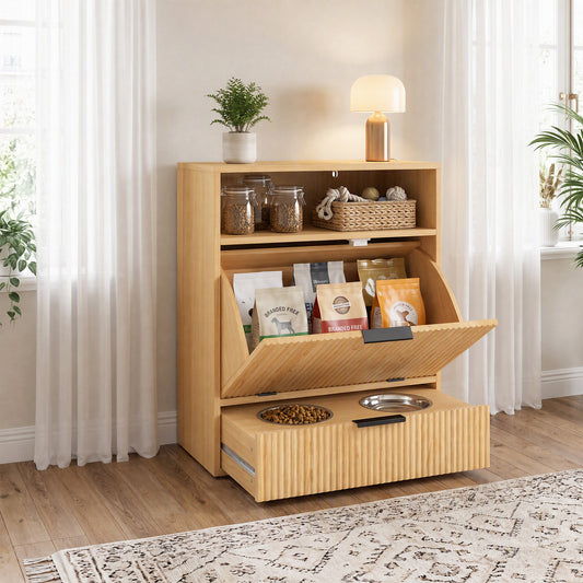 PawHut Pet Feeder Station with Storage, Dog Food Storage Container w/ 2 Raised Bowls, Tilt Out Cabinet, Slow Feeder Mat