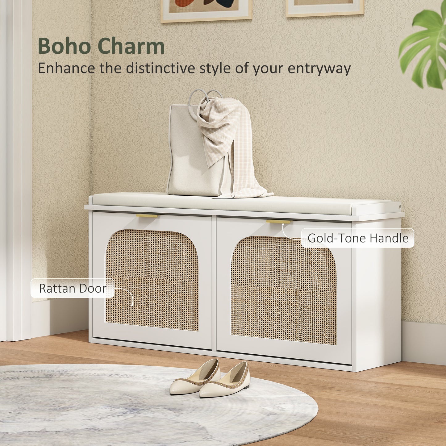 HOMCOM Boho Shoe Bench with Padded Seat and 2 Flip-Drawers - White