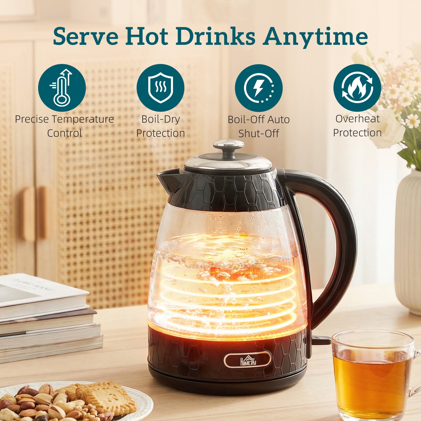 HOMCOM Kettle and Toaster Set, 1.7L 3000W Rapid Kettle with Limescale Filter, 2 Slice Toaster with 7 Browning Controls, Black