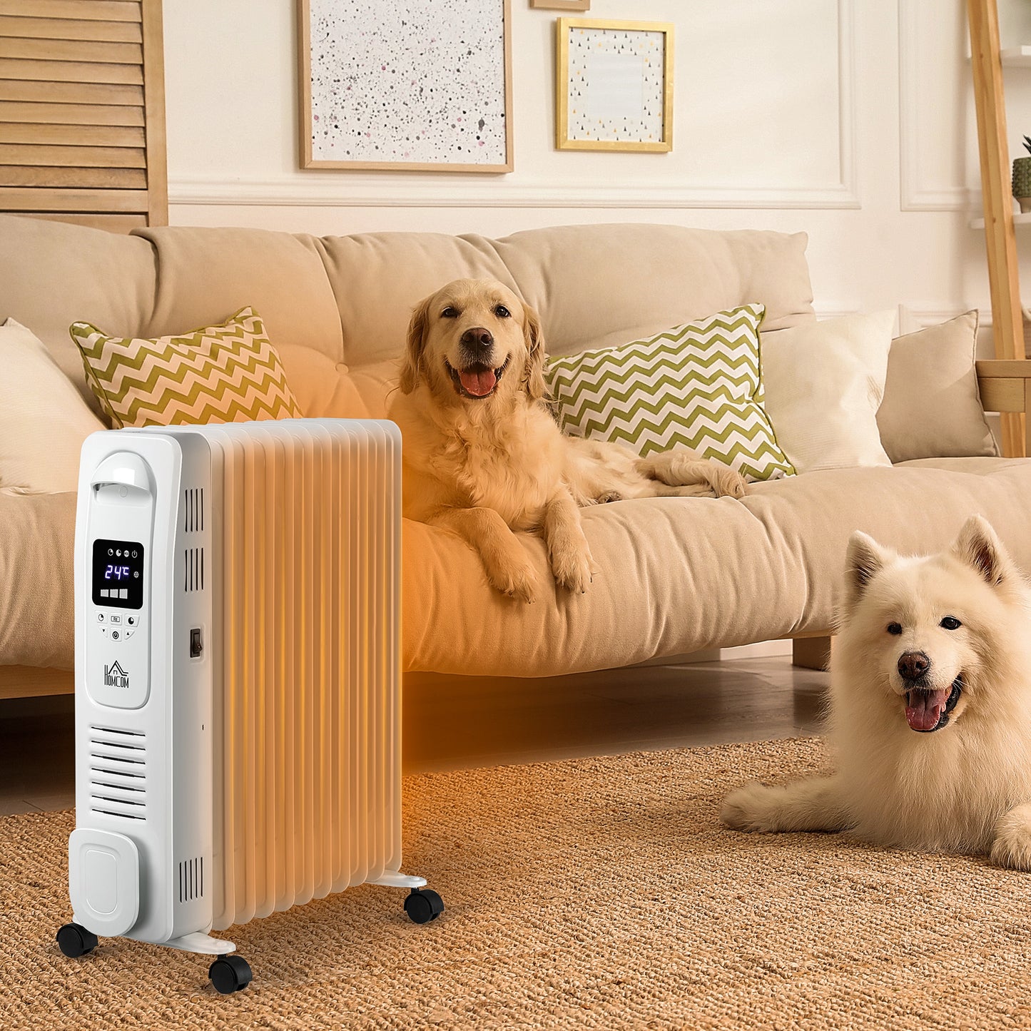 HOMCOM 2500W Digital Display Oil Filled Radiator, 11 Fin Portable Electric Heater with Timer, Adjustable Thermostat, Three Heat Settings, Safety Cut Off, Remote, White