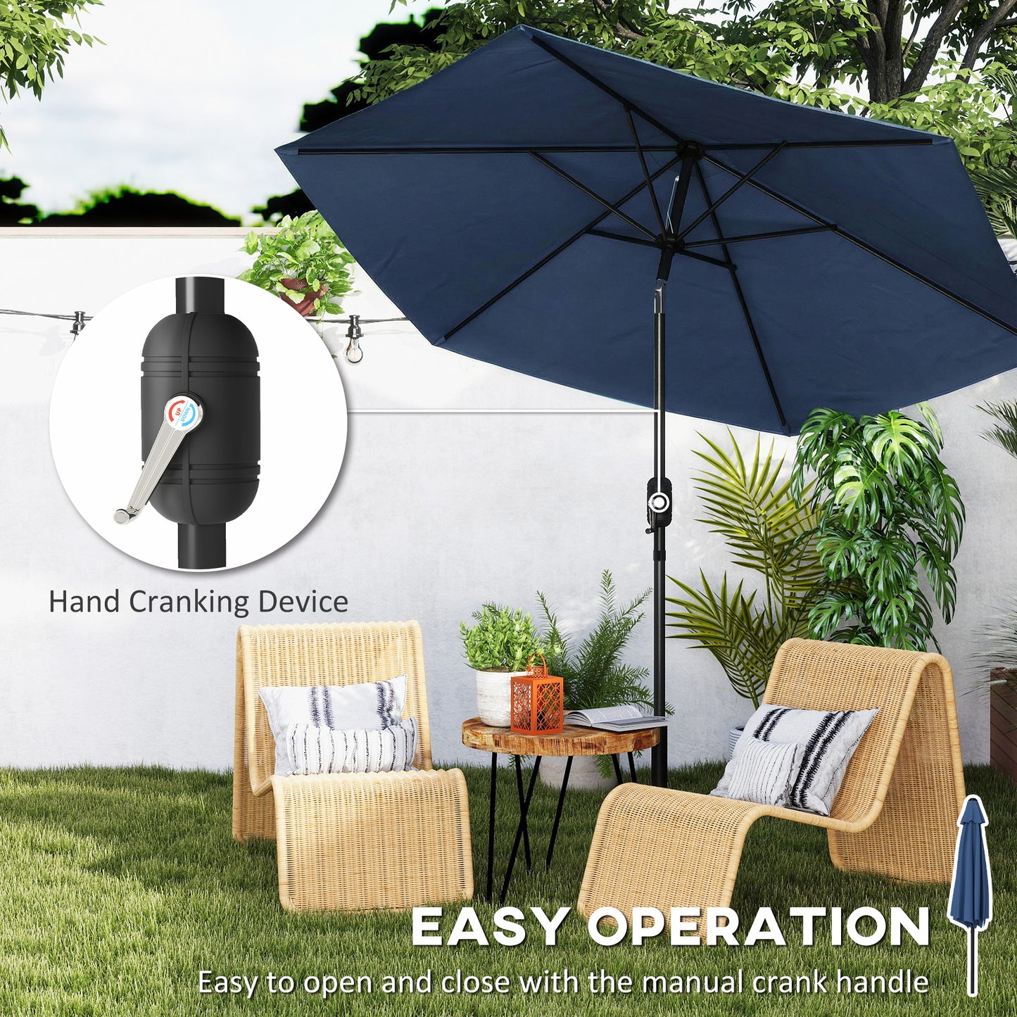 Outsunny 2.6 m Garden Parasol Umbrella with Aluminium Pole, Outdoor Patio Umbrella with Tilt and Crank, Vent, Navy Blue