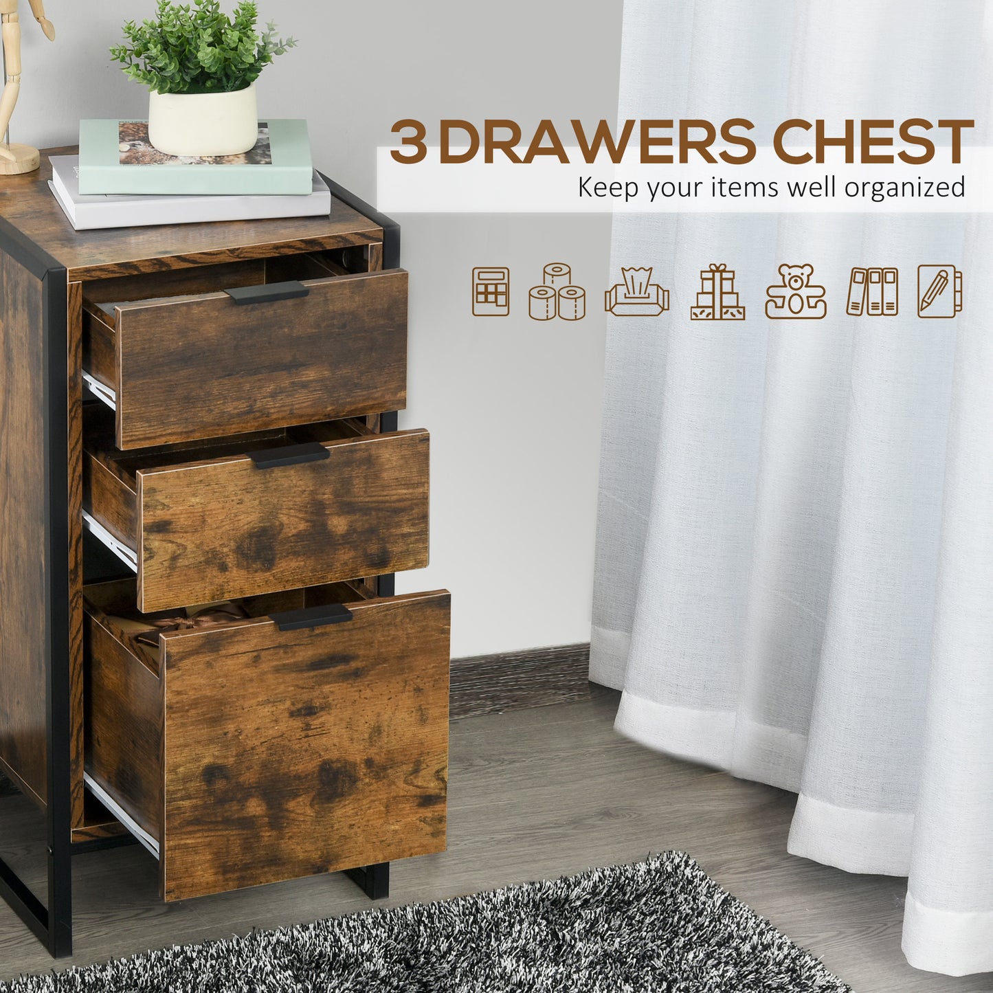 HOMCOM Bedroom Chest of Drawers Set of 2, Industrial 3-Drawer Dresser, Storage Drawers Unit with Metal Frame for Living Room, Rustic Brown