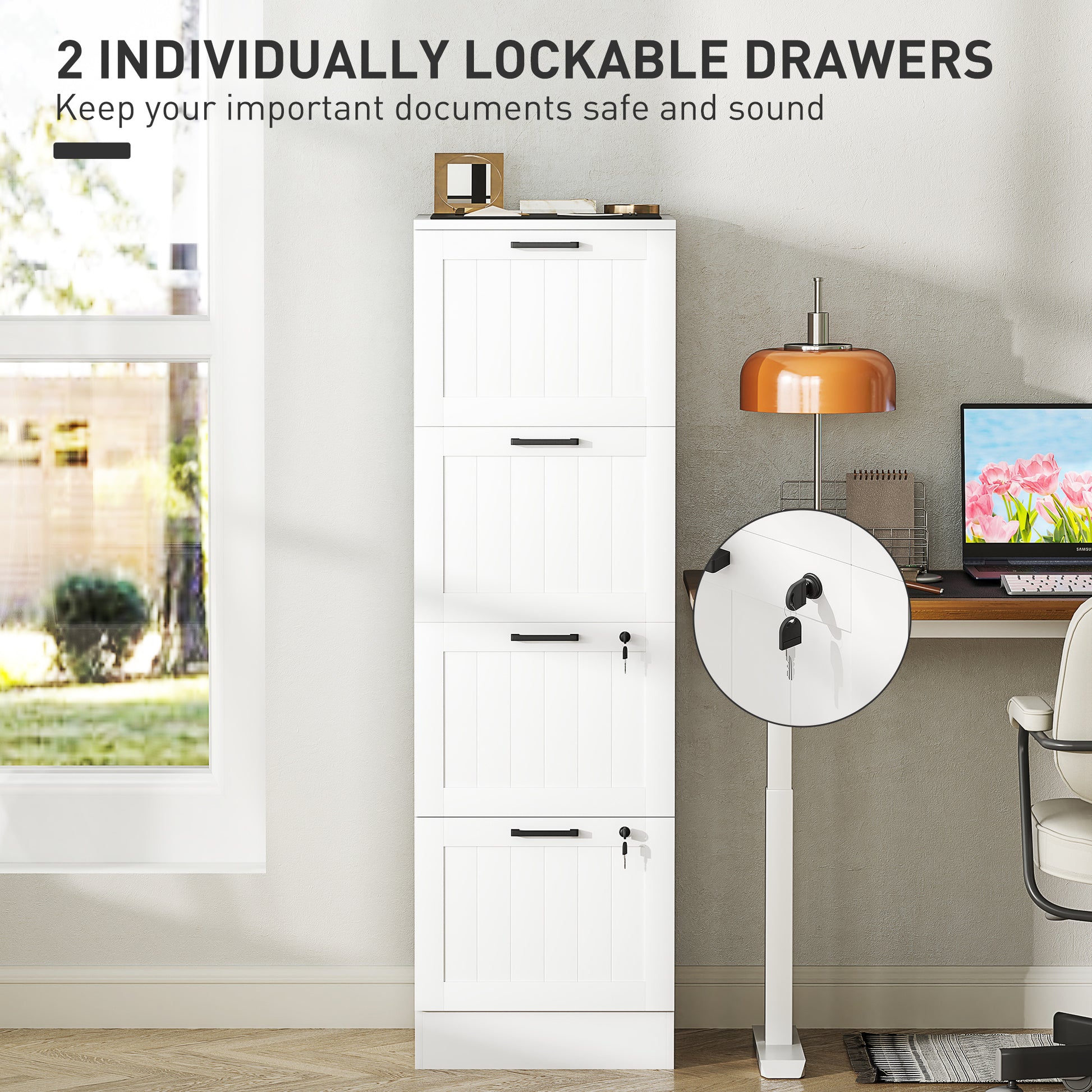 HOMCOM 4 Drawer Filing Cabinet with Lock, Office Storage Cabinet with Adjustable Hanging Bars for A4 Letter Size Files, White