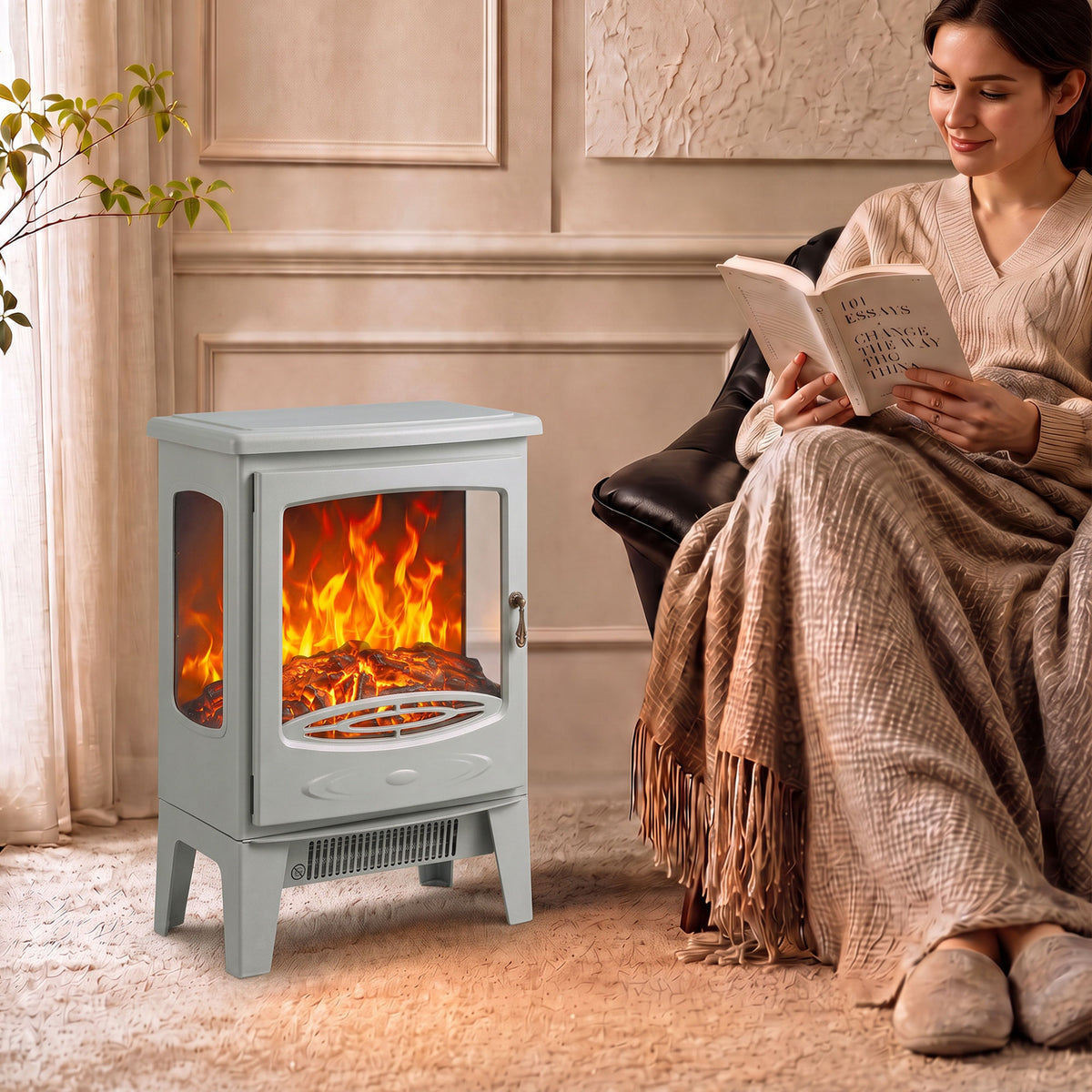 HOMCOM 900W/1800W Freestanding Electric Fireplace, Room Heater with Adjustable Artificial Flame, 3-Sided Tempered Glass, Grey