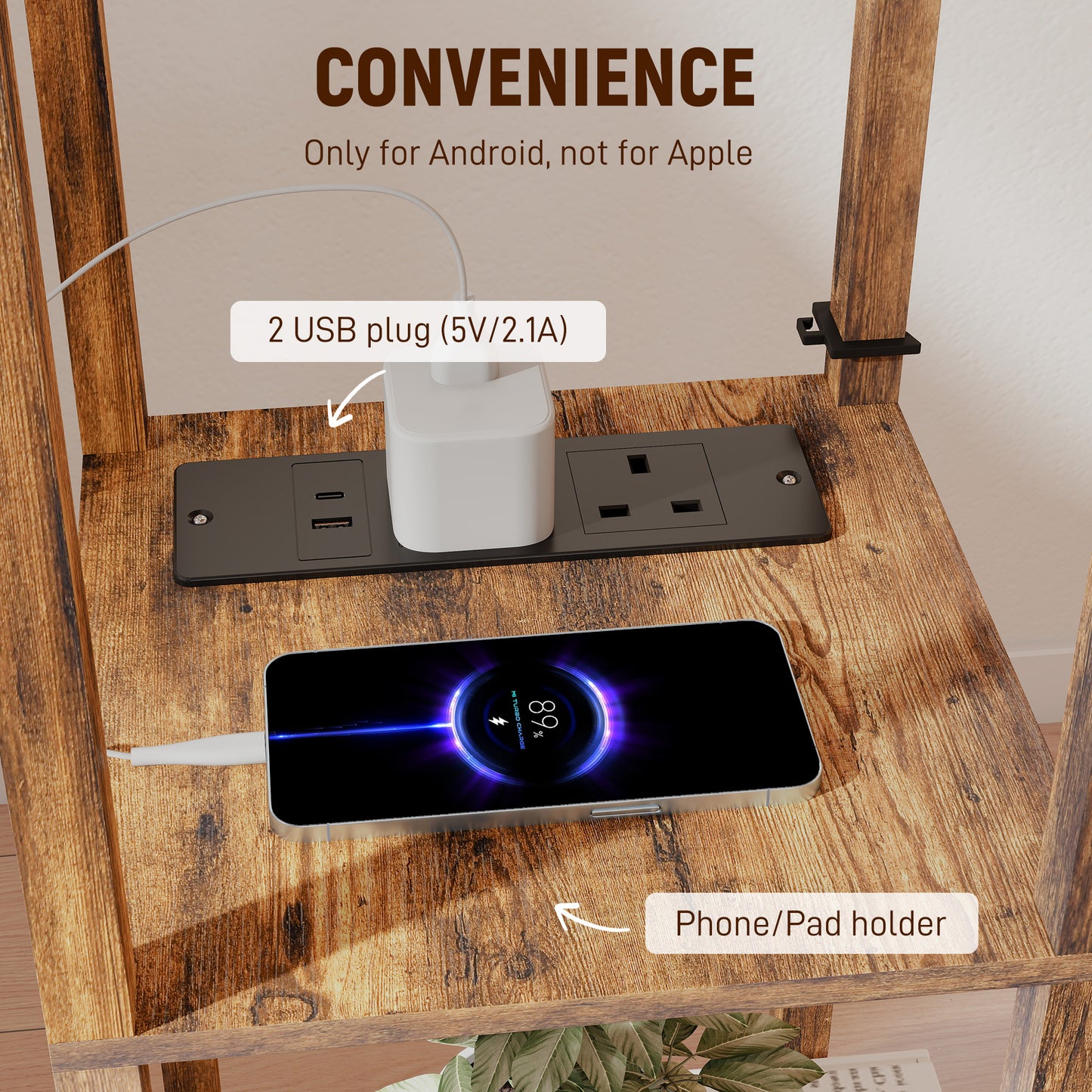 HOMCOM Floor Lamp with Shelves, 4 Layer Standing Lamp with USB Ports, 3 Colour Temperature, Rustic Brown